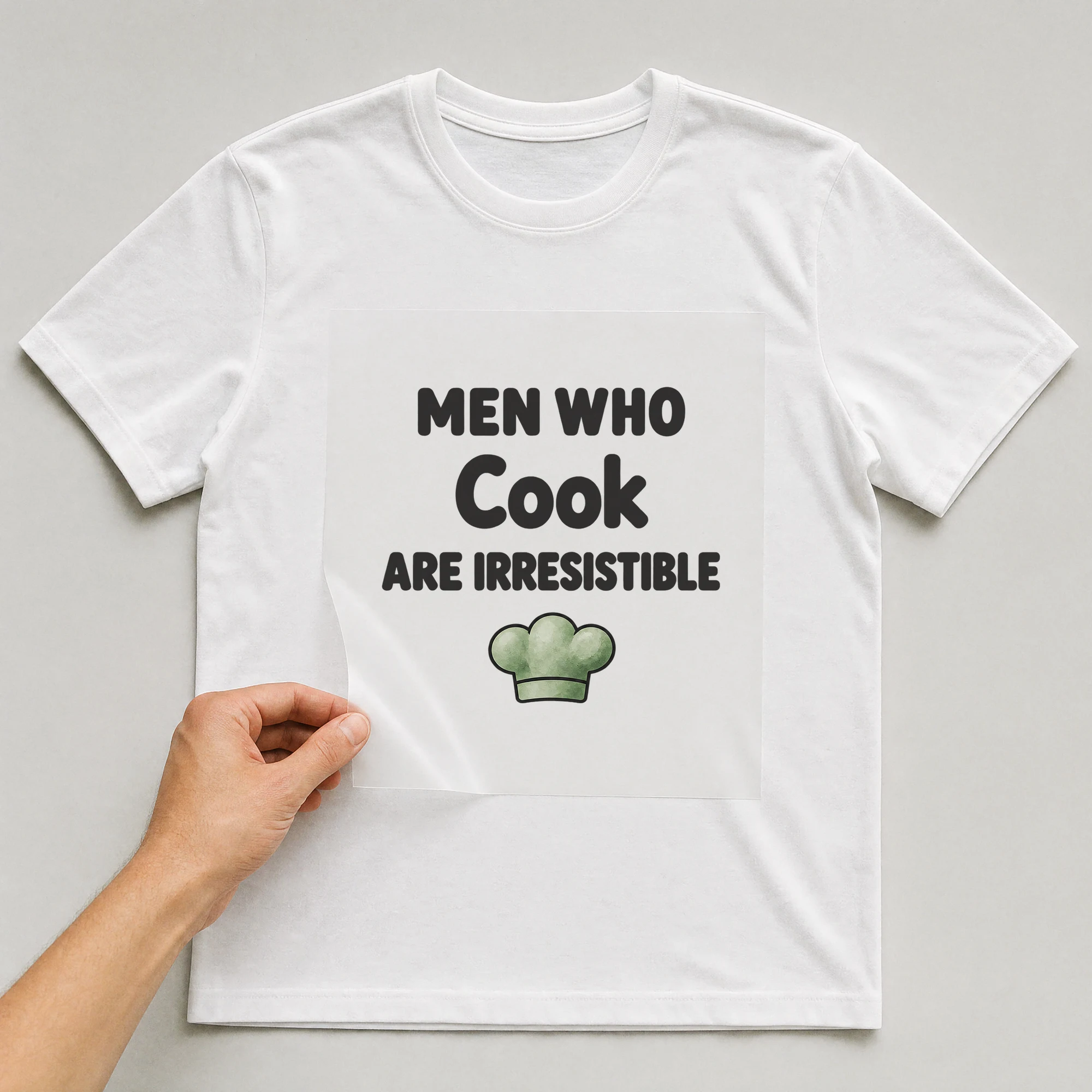 Bügelbild „MEN WHO Cook ARE IRRESISTIBLE“ auf weißem T-Shirt, Folie wird aufgelegt