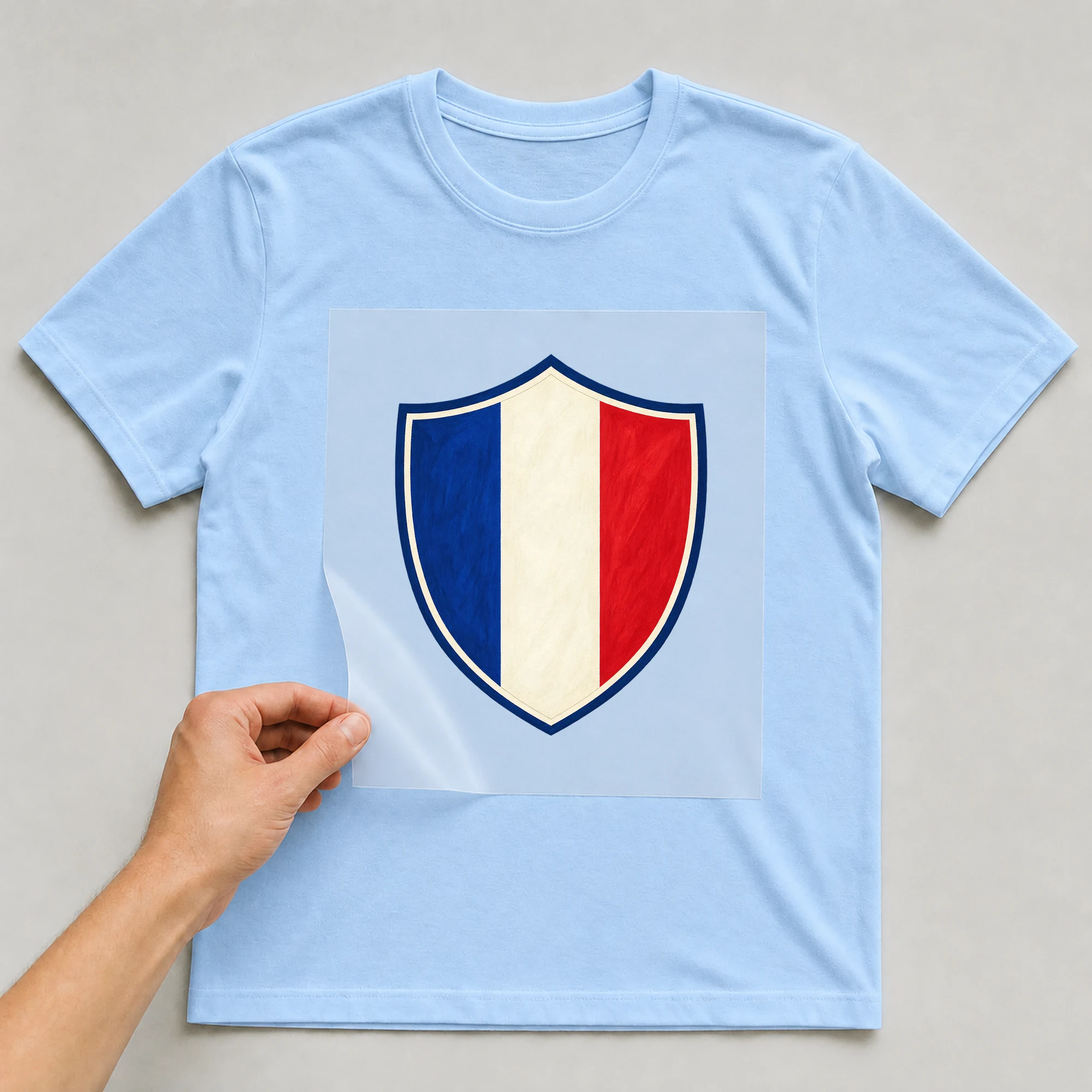 Bügelbild „Frankreich“ auf babyblauem T-Shirt, Folie wird aufgelegt
