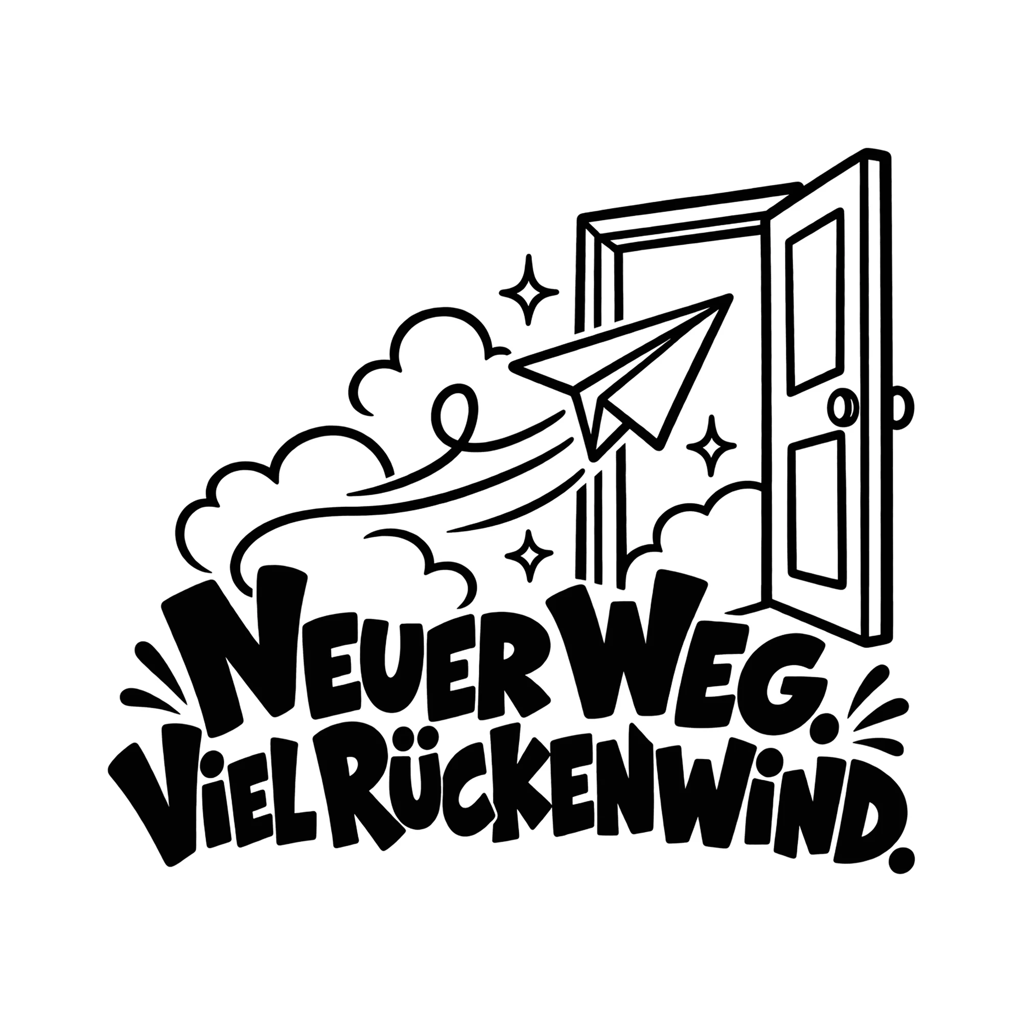 Bügelbild NEUER WEG. VIEL RÜCKENWIND. als Grafik auf weißem Hintergrund (BB014242)
