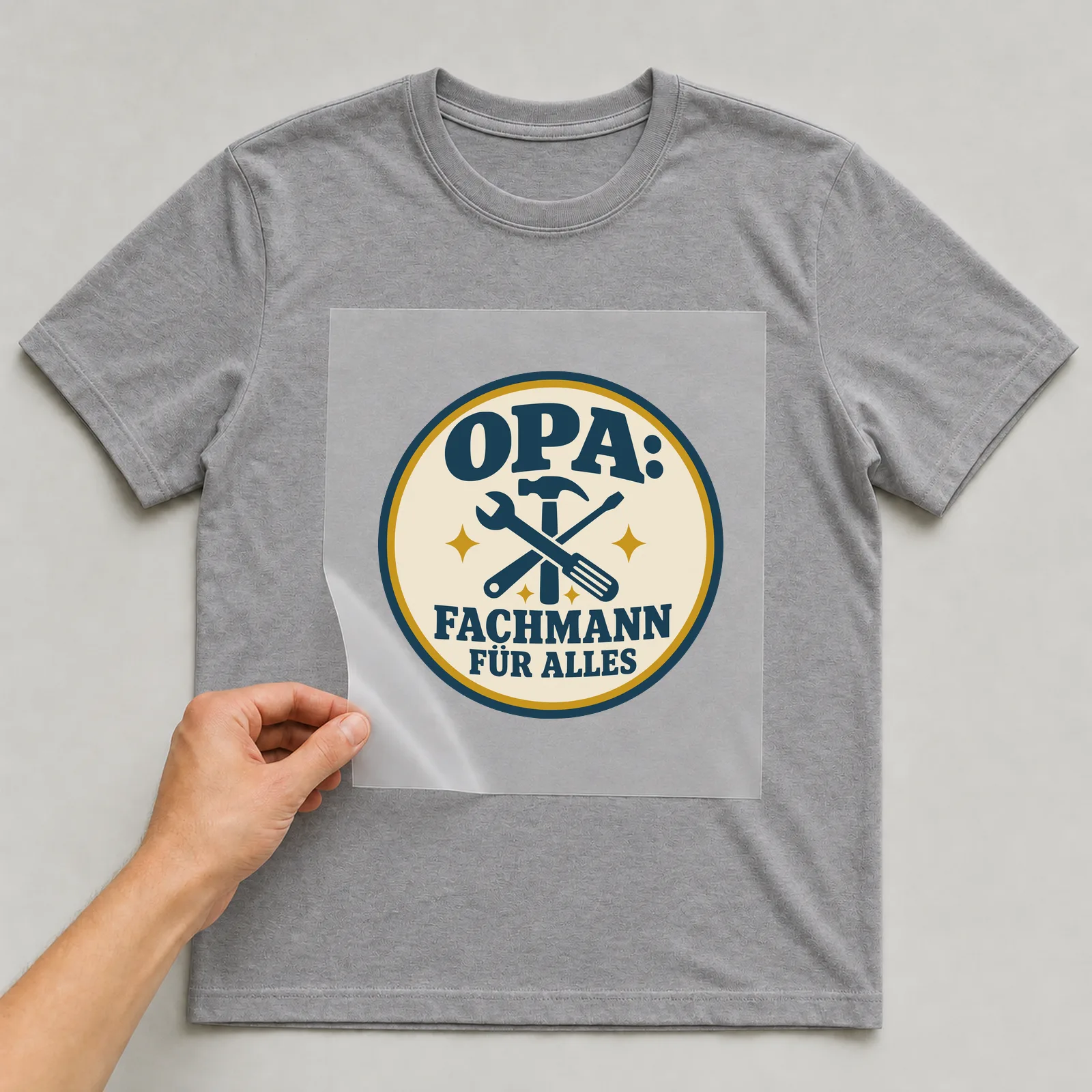 Bügelbild Opa: Fachmann für alles auf grauem T-Shirt, Folie wird aufgelegt