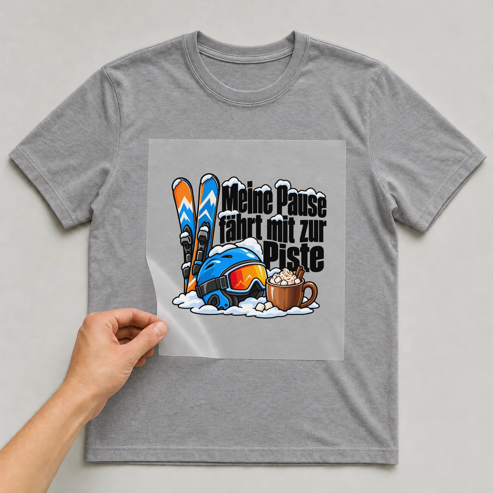 Bügelbild „Meine Pause fährt mit zur Piste“ auf grauem T-Shirt, Folie wird aufgelegt