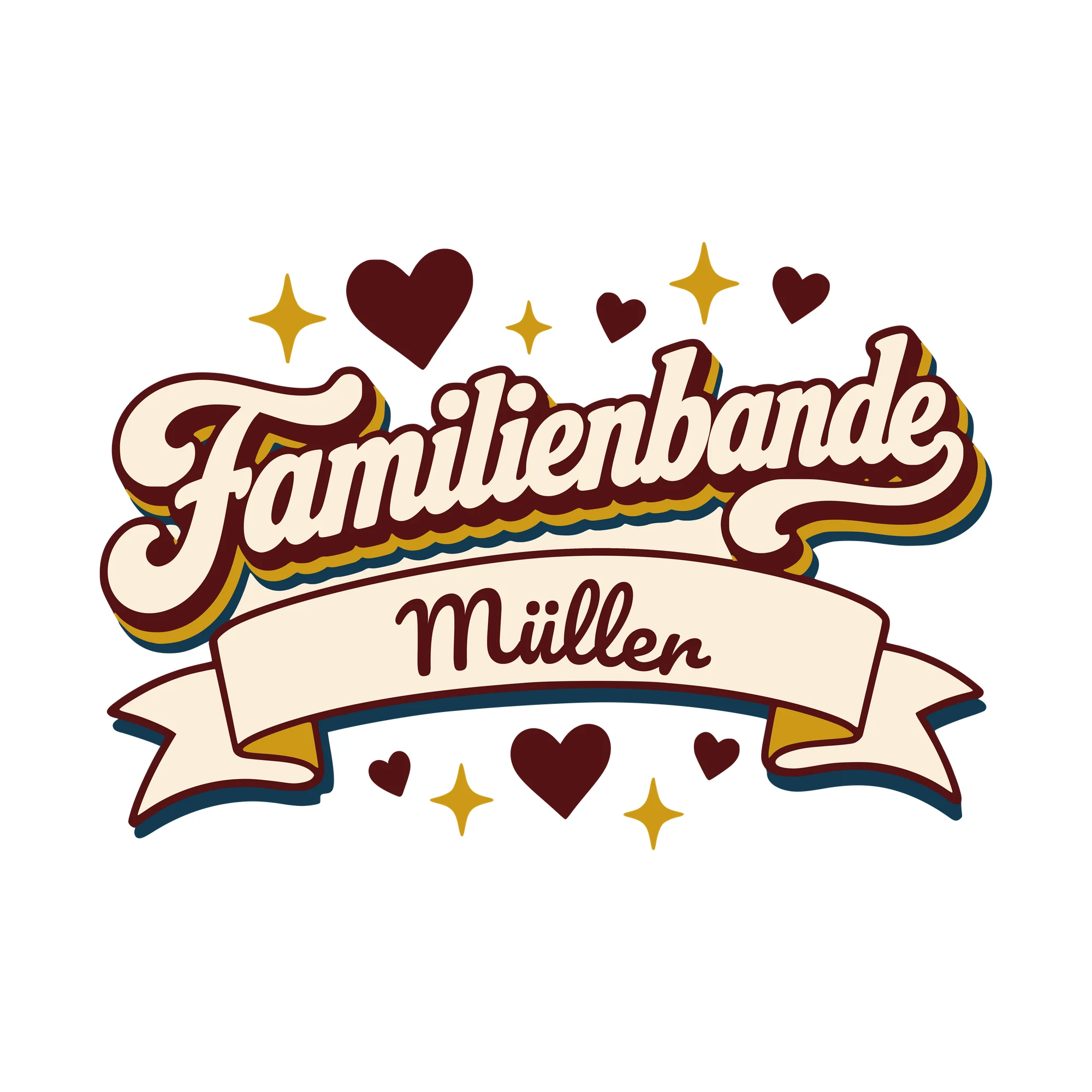Bügelbild Familienbande mit Nachname als Grafik auf weißem Hintergrund (BB010410)