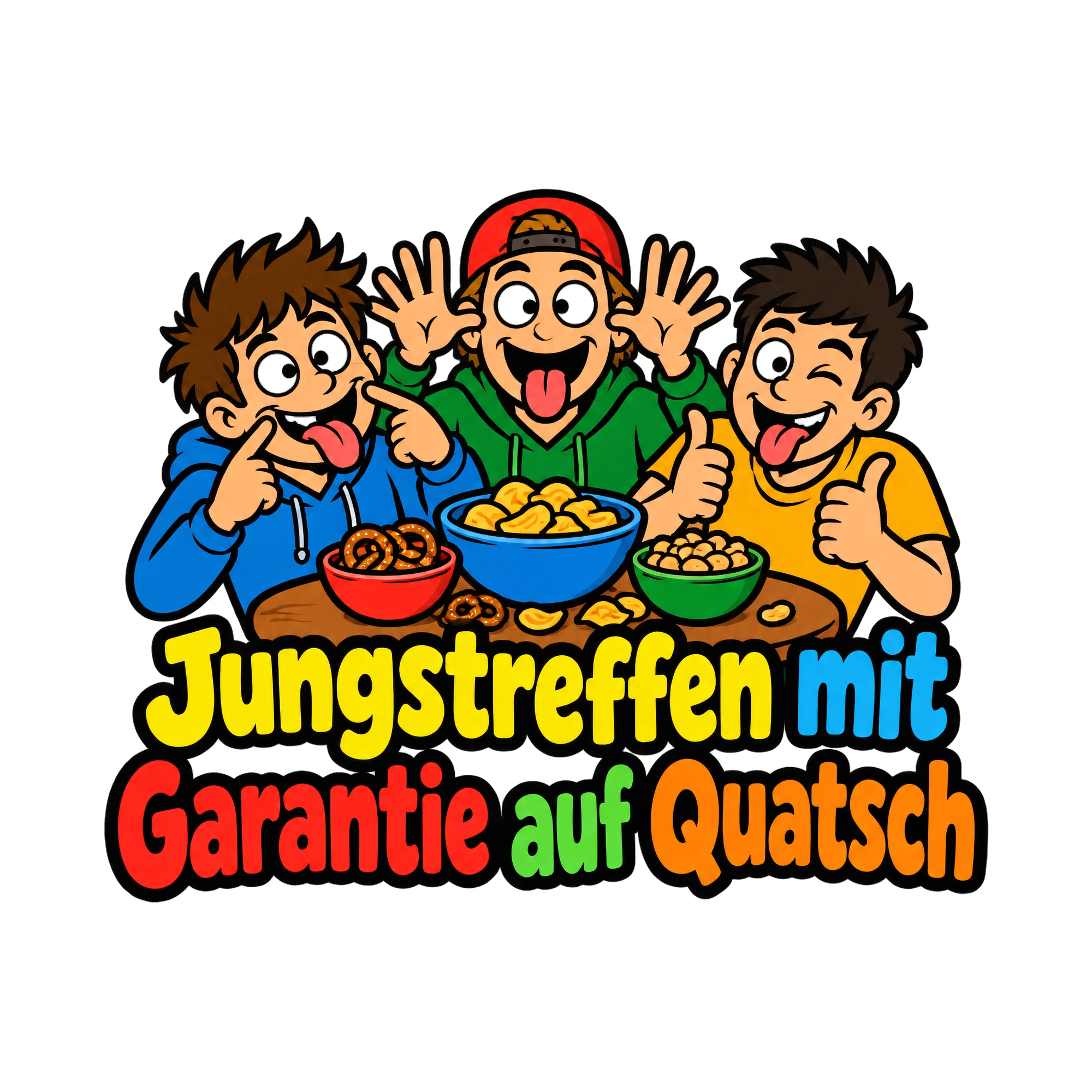 Bügelbild Jungstreffen mit Garantie auf Quatsch als Grafik auf weißem Hintergrund (BB019133)