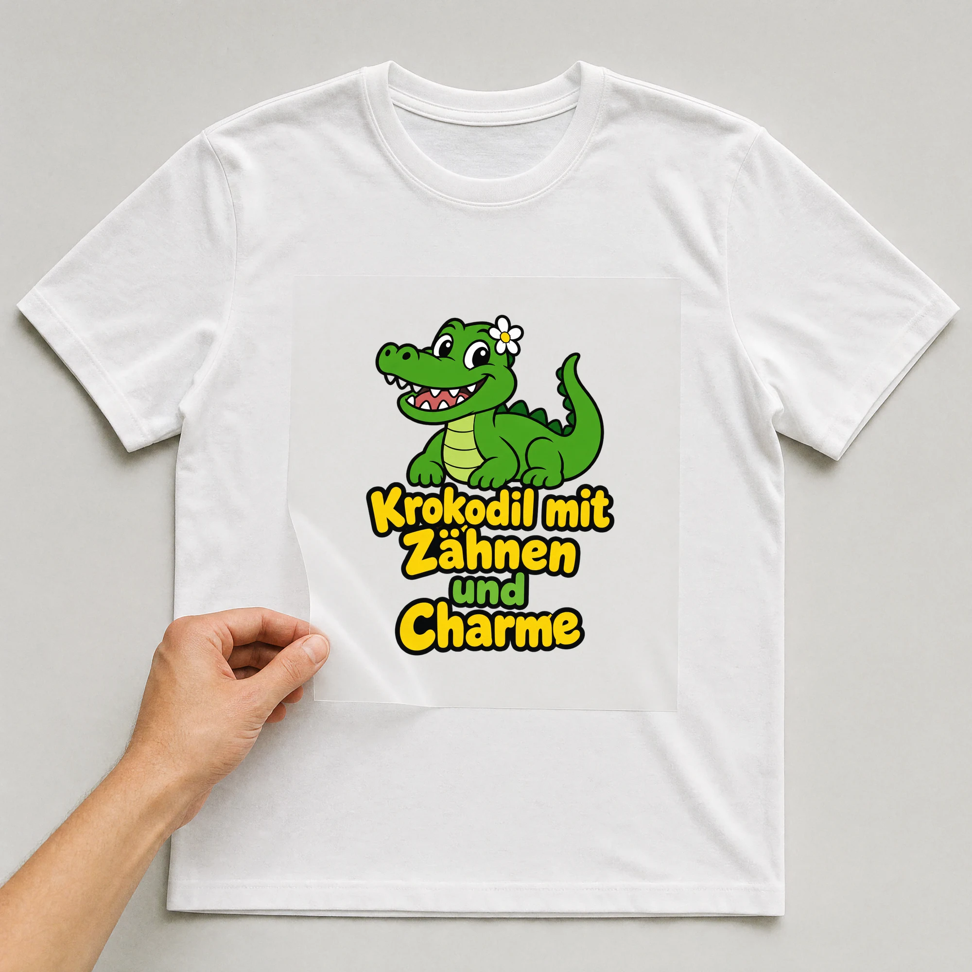 Bügelbild „Krokodil mit Zähnen und Charme“ auf weißem T-Shirt, Folie wird aufgelegt