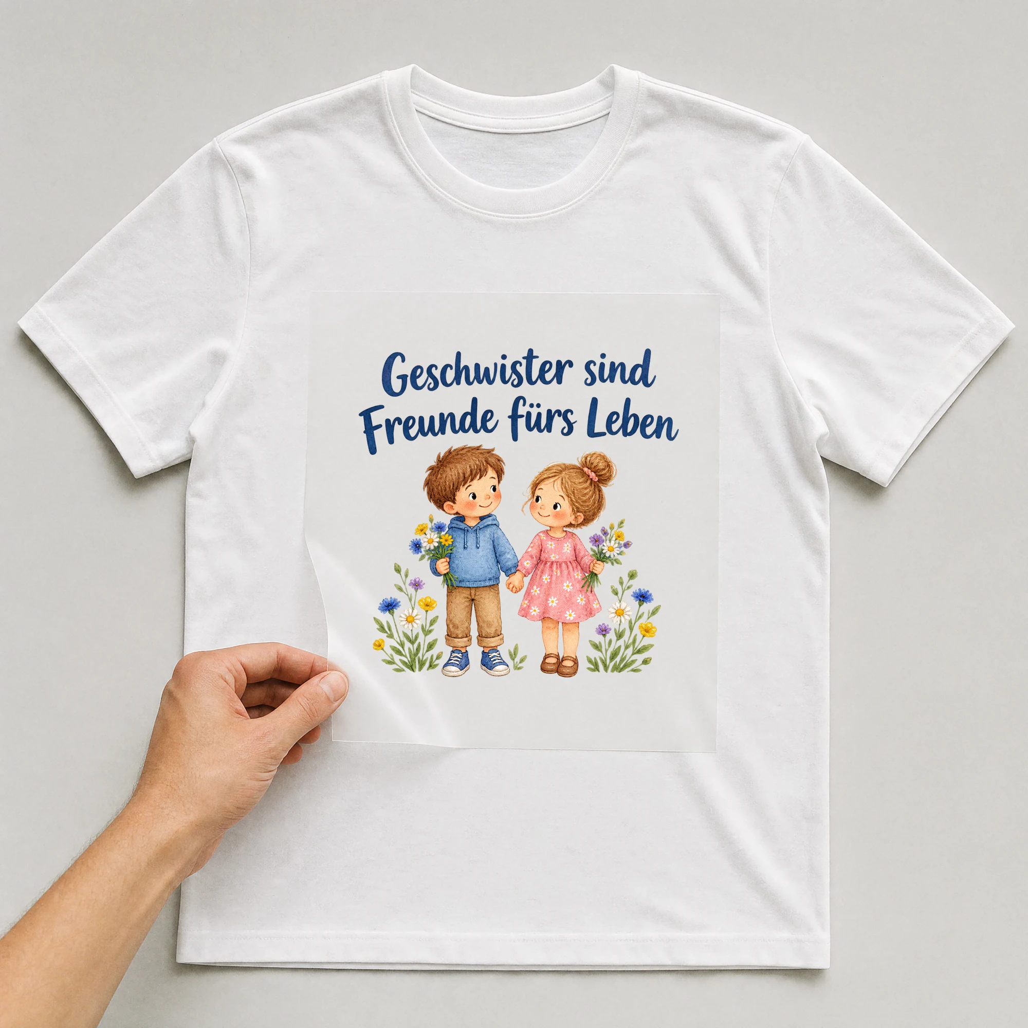 Bügelbild „Geschwister sind Freunde fürs Leben“ auf weißem T-Shirt, Folie wird aufgelegt