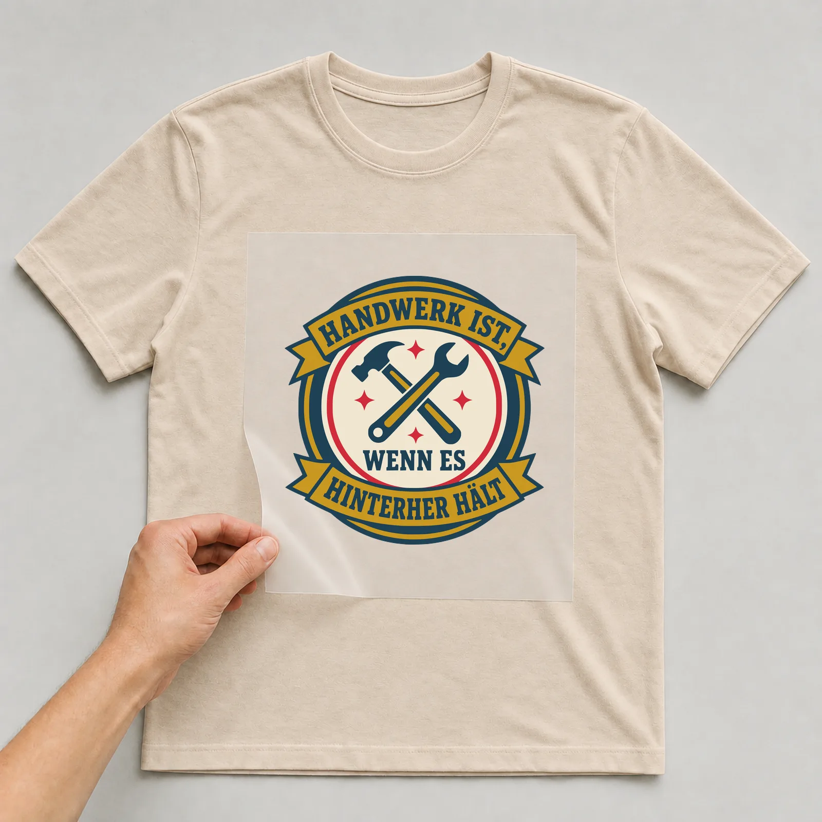Bügelbild Handwerk ist, wenn es hinterher hält auf beigem T-Shirt, Folie wird aufgelegt