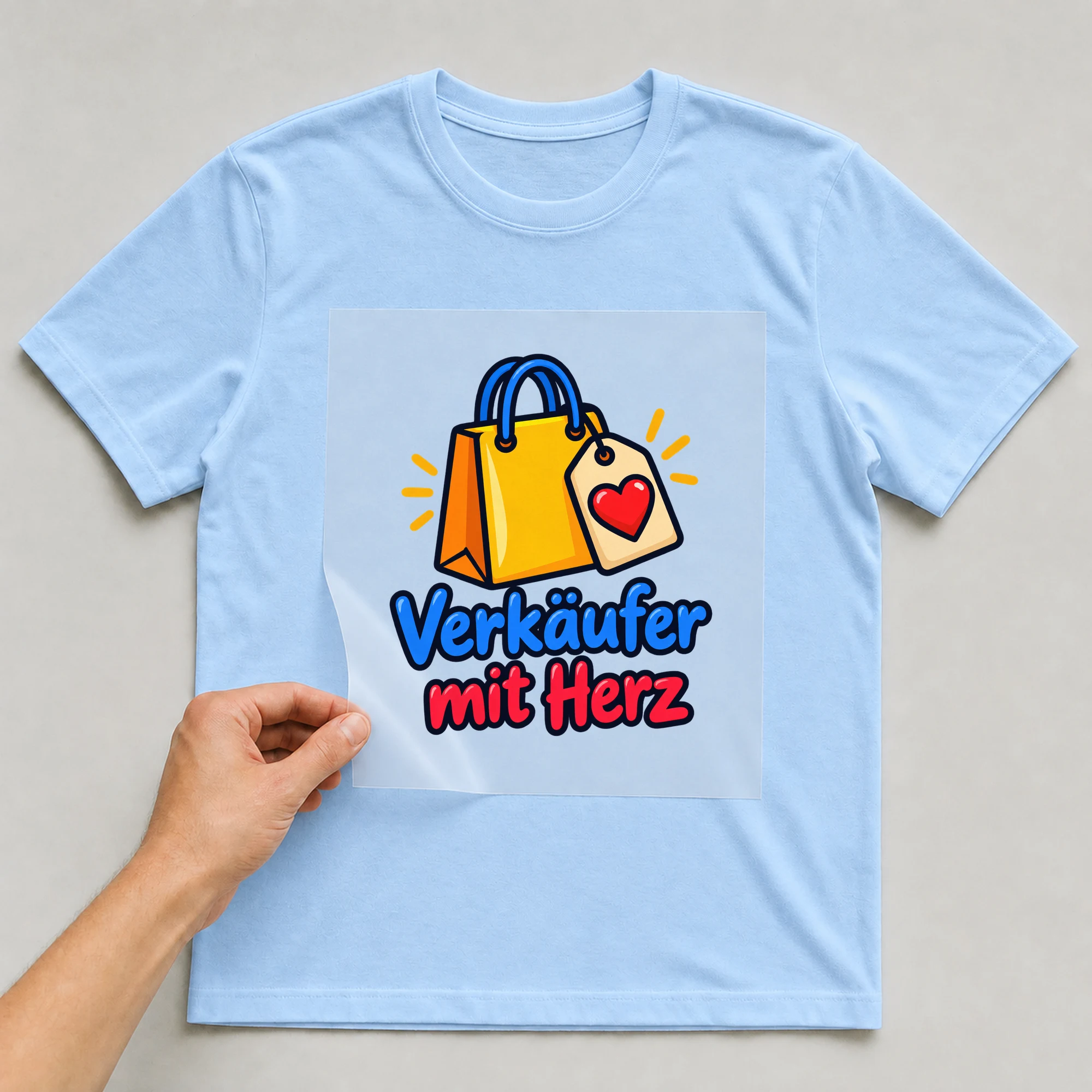 Bügelbild „Verkäufer mit Herz“ auf babyblauem T-Shirt, Folie wird aufgelegt