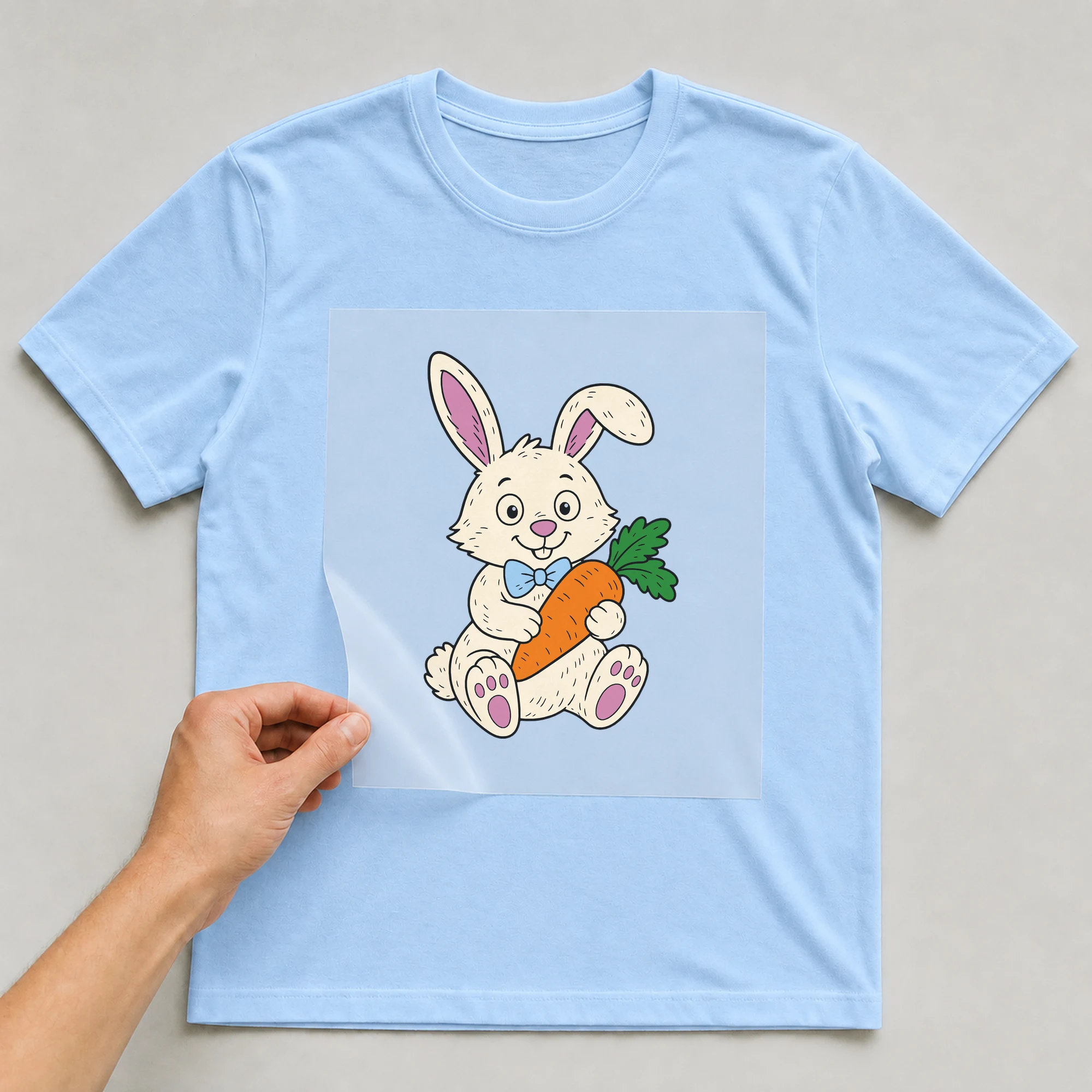 Bügelbild „Hase mit Karotte“ auf babyblauem T-Shirt, Folie wird aufgelegt