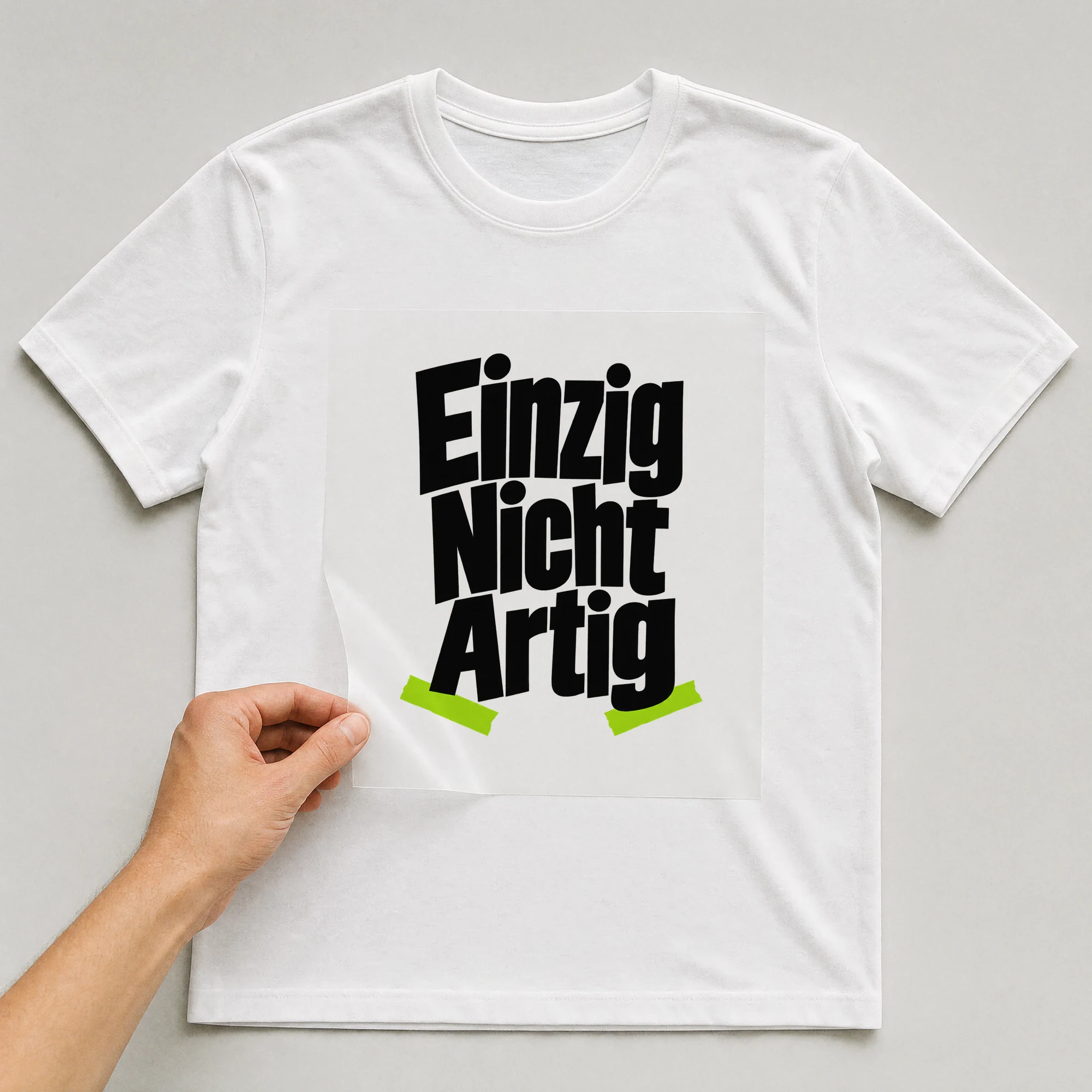 Bügelbild „Einzig Nicht Artig“ auf weißem T-Shirt, Folie wird aufgelegt