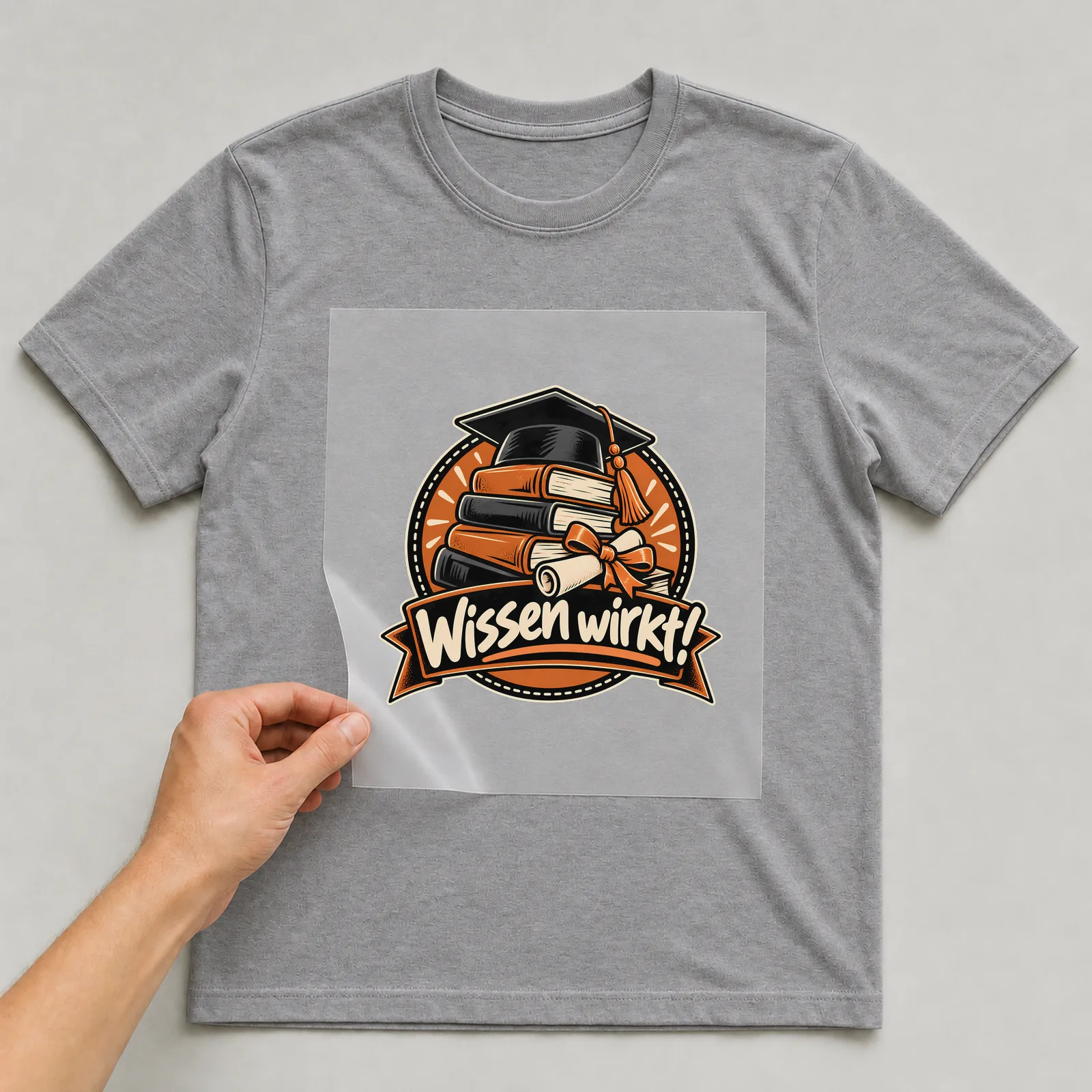 Bügelbild „Wissen wirkt!“ auf grauem T-Shirt, Folie wird aufgelegt