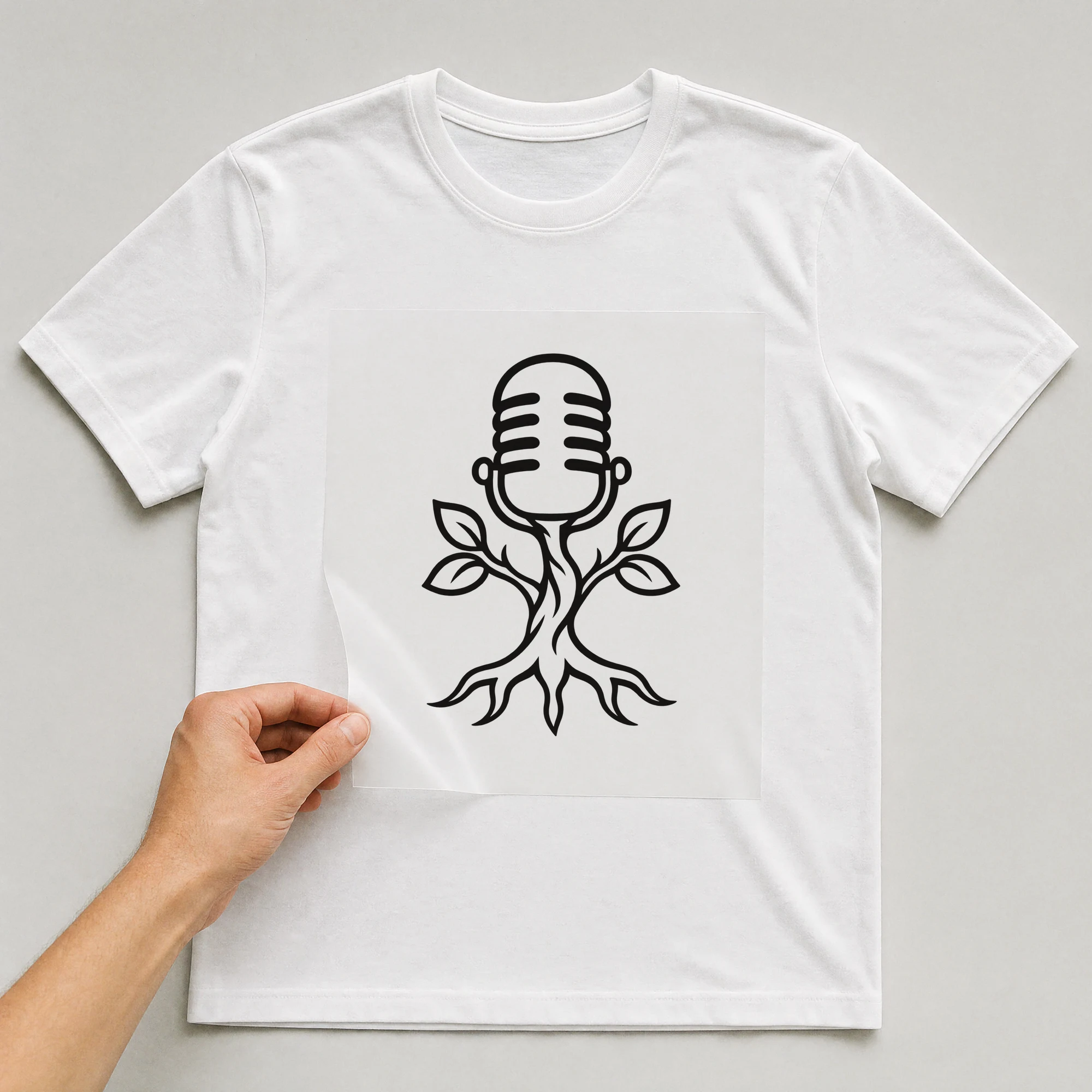 Bügelbild „Mikrofon Baum“ auf weißem T-Shirt, Folie wird aufgelegt