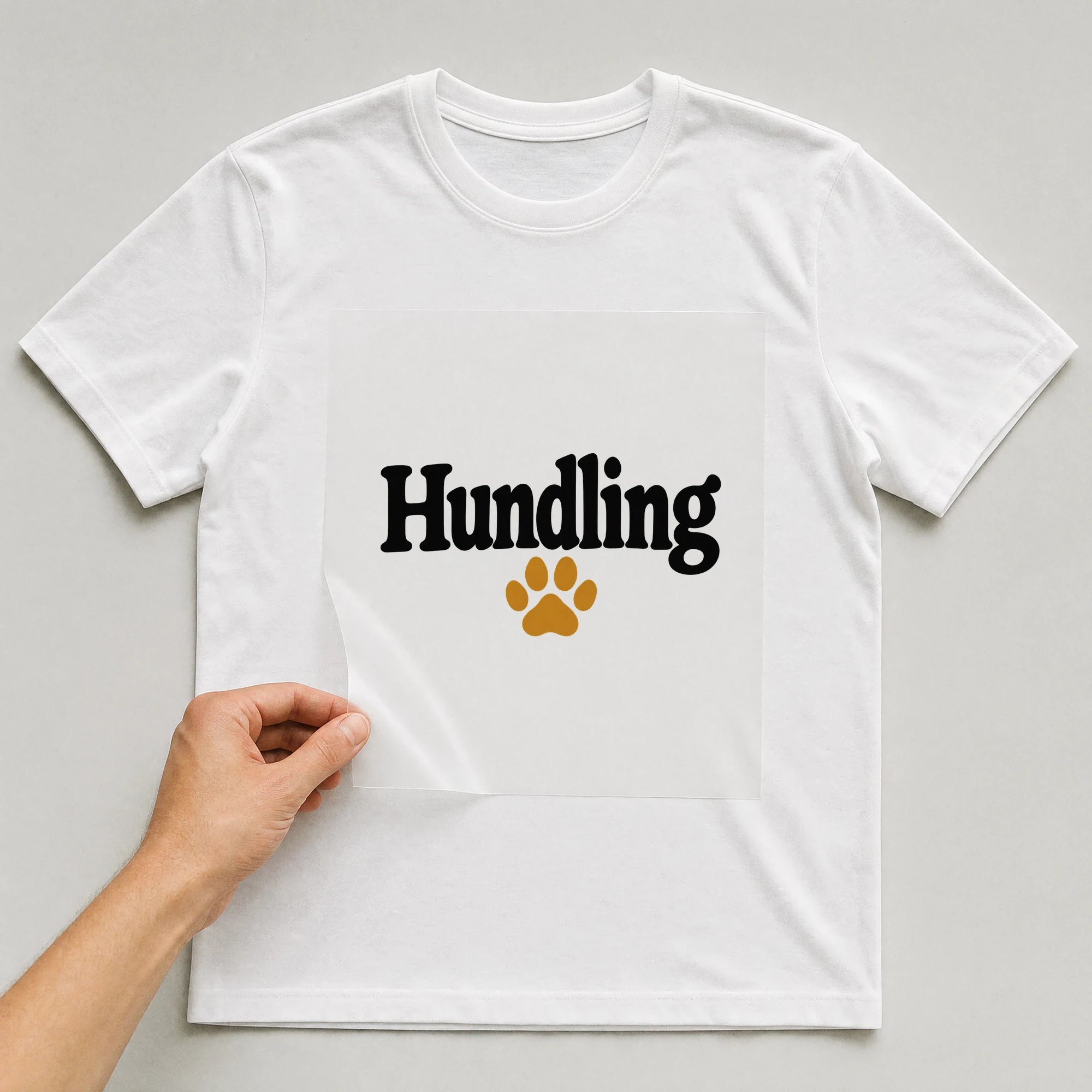 Bügelbild „Hundling“ auf weißem T-Shirt, Folie wird aufgelegt
