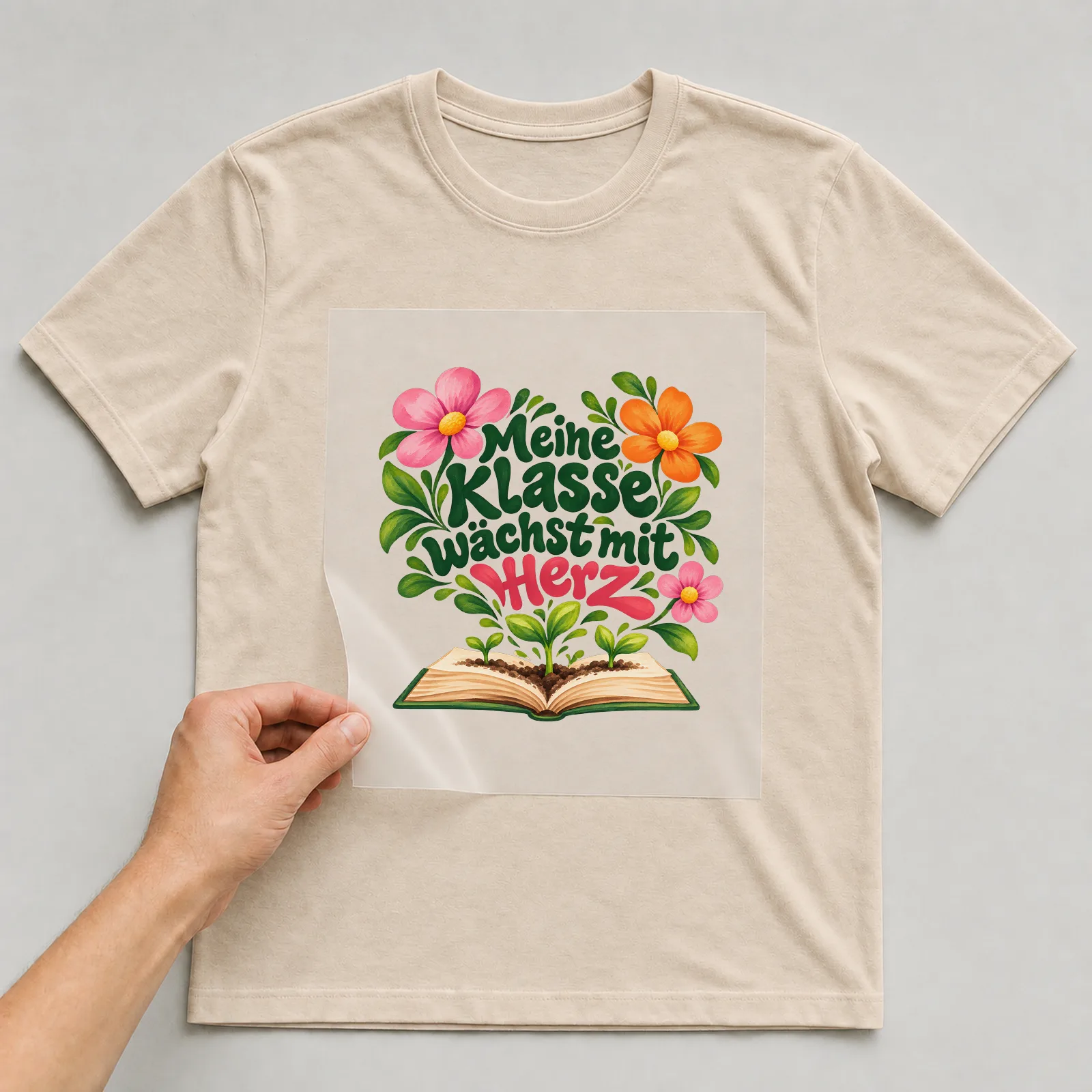 Bügelbild „Meine Klasse wächst mit Herz“ auf beigem T-Shirt, Folie wird aufgelegt