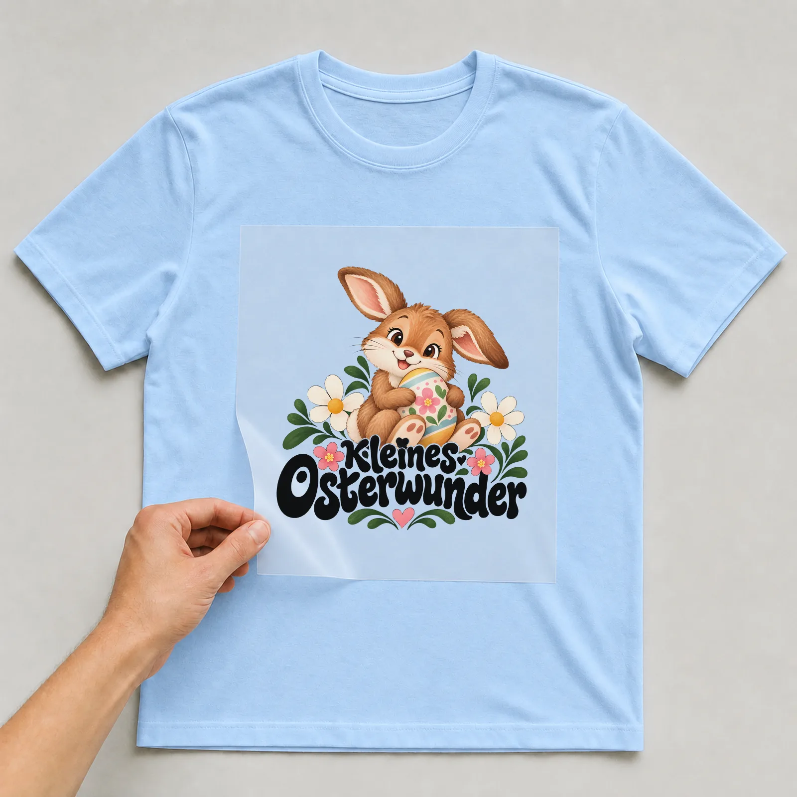 Bügelbild „Kleines Osterwunder“ auf hellblauem T-Shirt, Folie wird aufgelegt