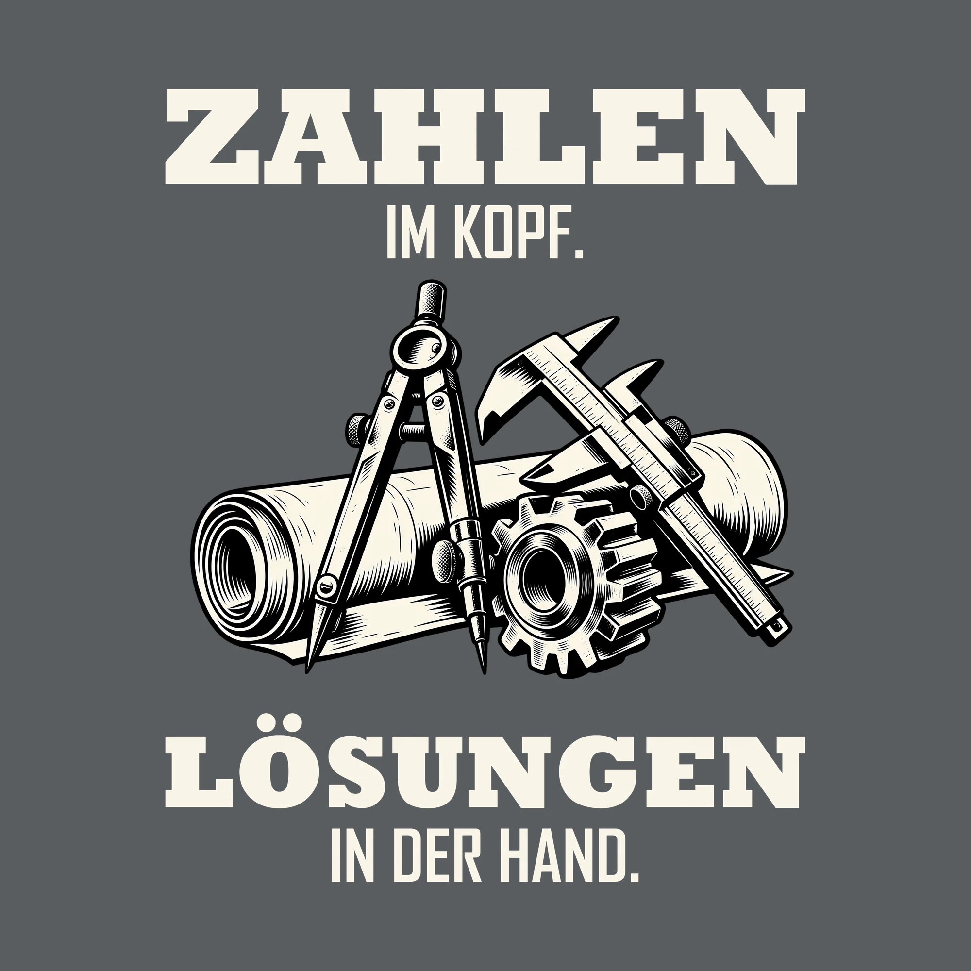 Bügelbild ZAHLEN IM KOPF. LÖSUNGEN IN DER HAND. als Grafik auf dunklem Hintergrund (BB011509)