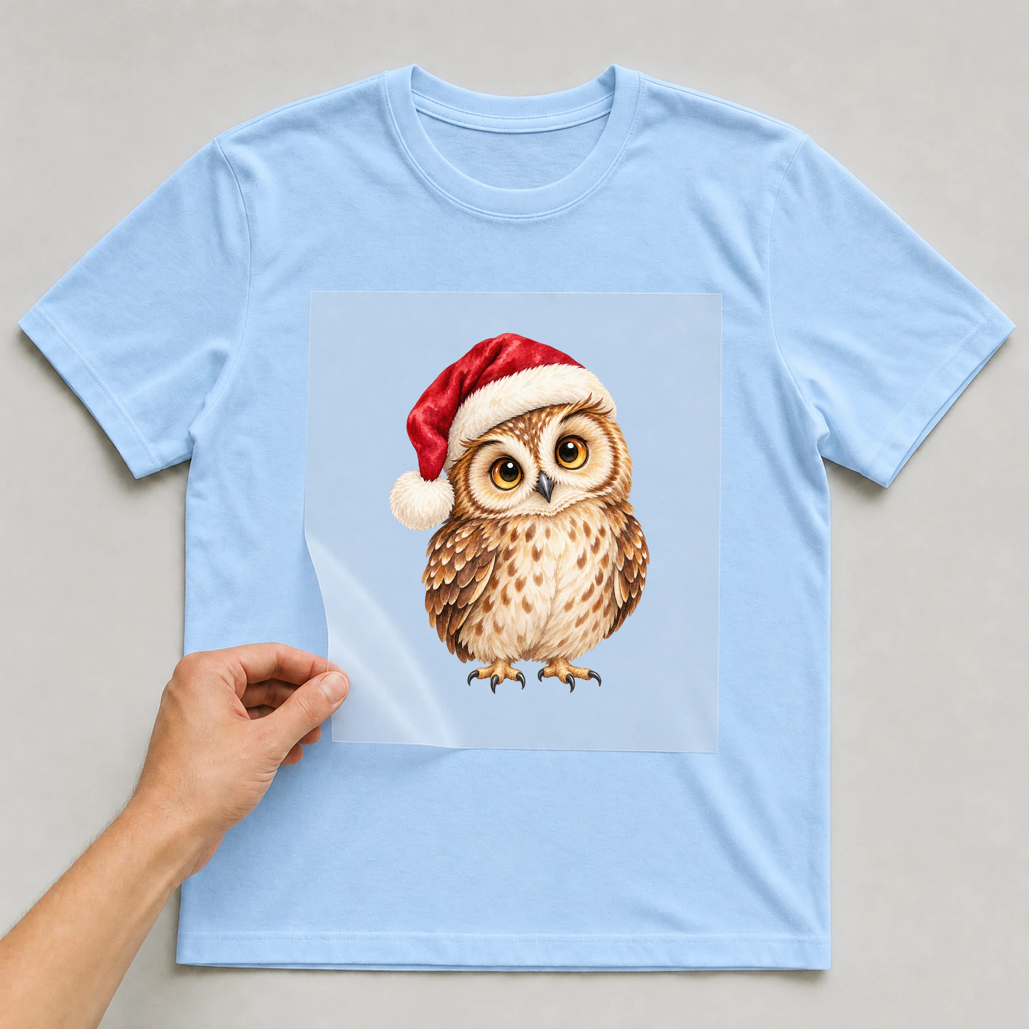 Bügelbild „Weihnachts Eule“ auf babyblauem T-Shirt, Folie wird aufgelegt