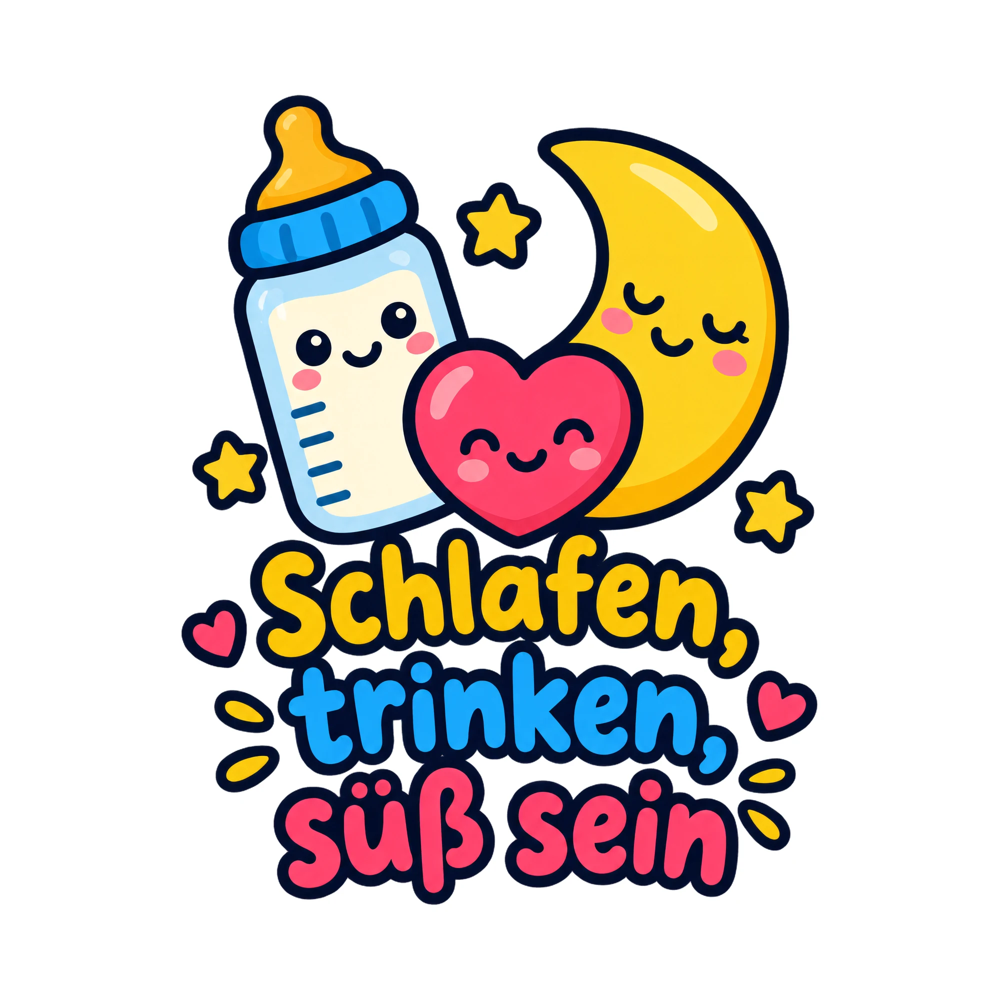 Bügelbild Schlafen, trinken, süß sein, Babybody bügeln Motiv als Grafik auf weißem Hintergrund (BB016724)