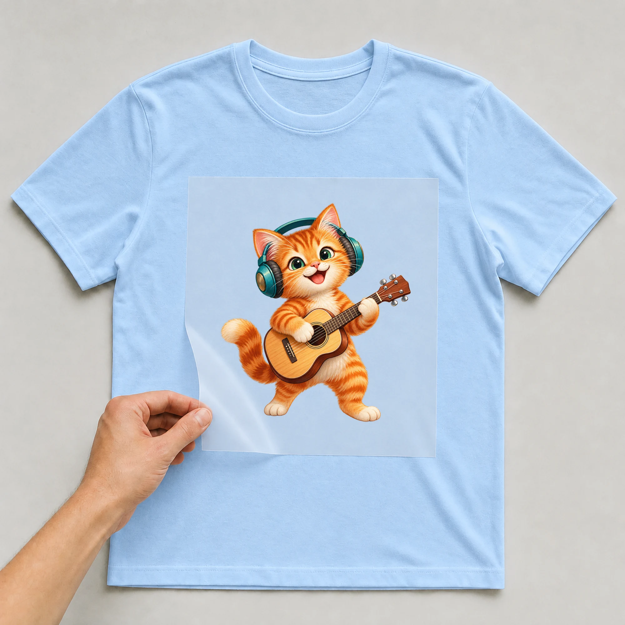 Bügelbild „Musizierende Katze“ auf babyblauem T-Shirt, Folie wird aufgelegt