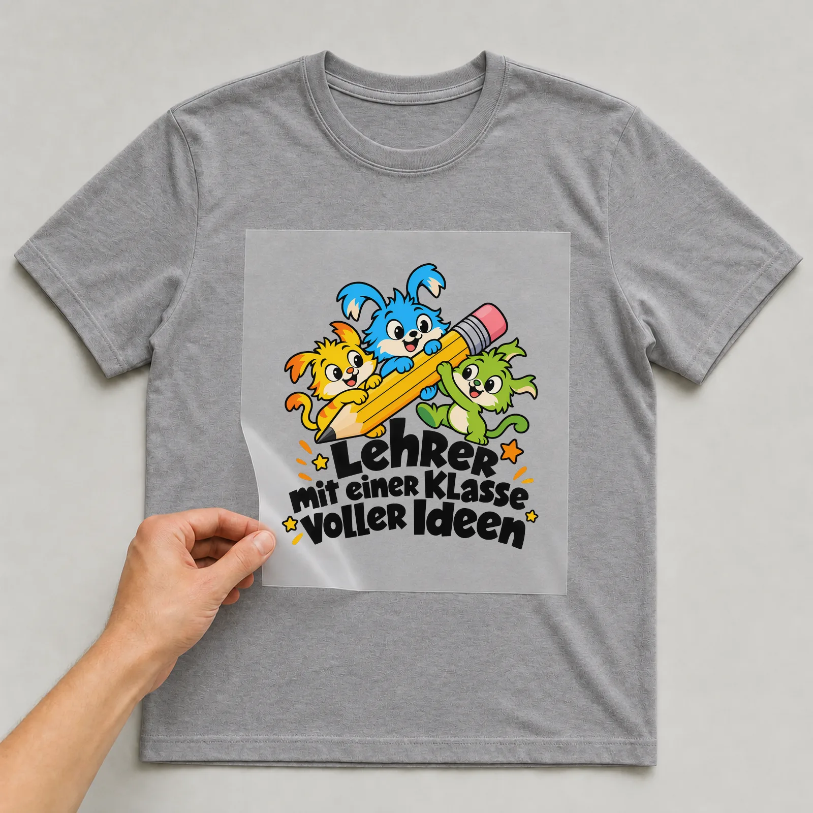 Bügelbild „Lehrer mit einer Klasse voller Ideen“ auf grauem T-Shirt, Folie wird aufgelegt