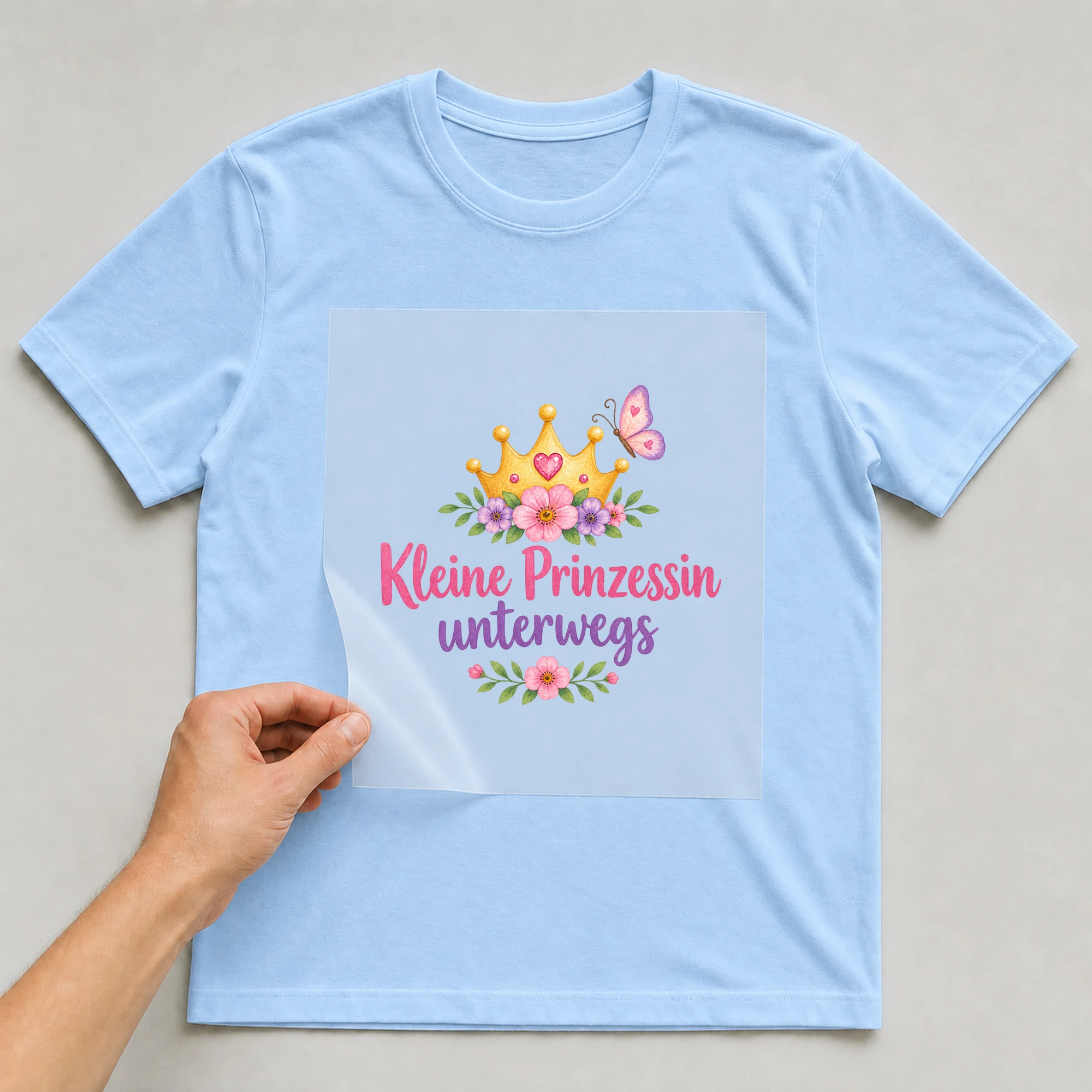 Bügelbild „Kleine Prinzessin unterwegs“ auf babyblauem T-Shirt, Folie wird aufgelegt