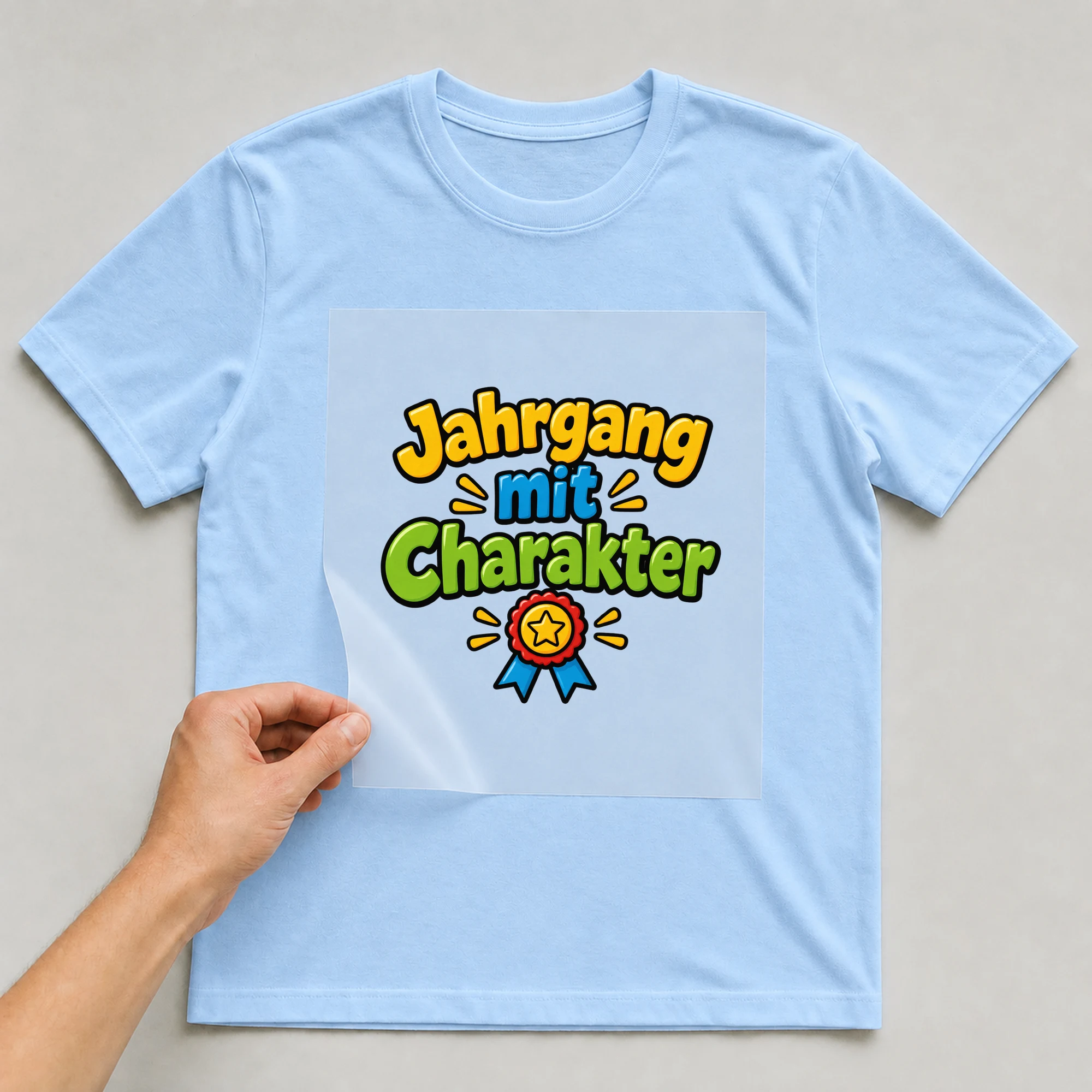 Bügelbild „Jahrgang mit charakter“ auf babyblauem T-Shirt, Folie wird aufgelegt