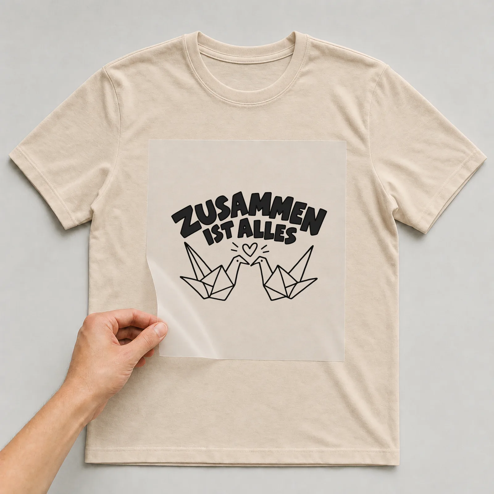 Bügelbild „Zusammen ist alles“ auf beigem T-Shirt, Folie wird aufgelegt