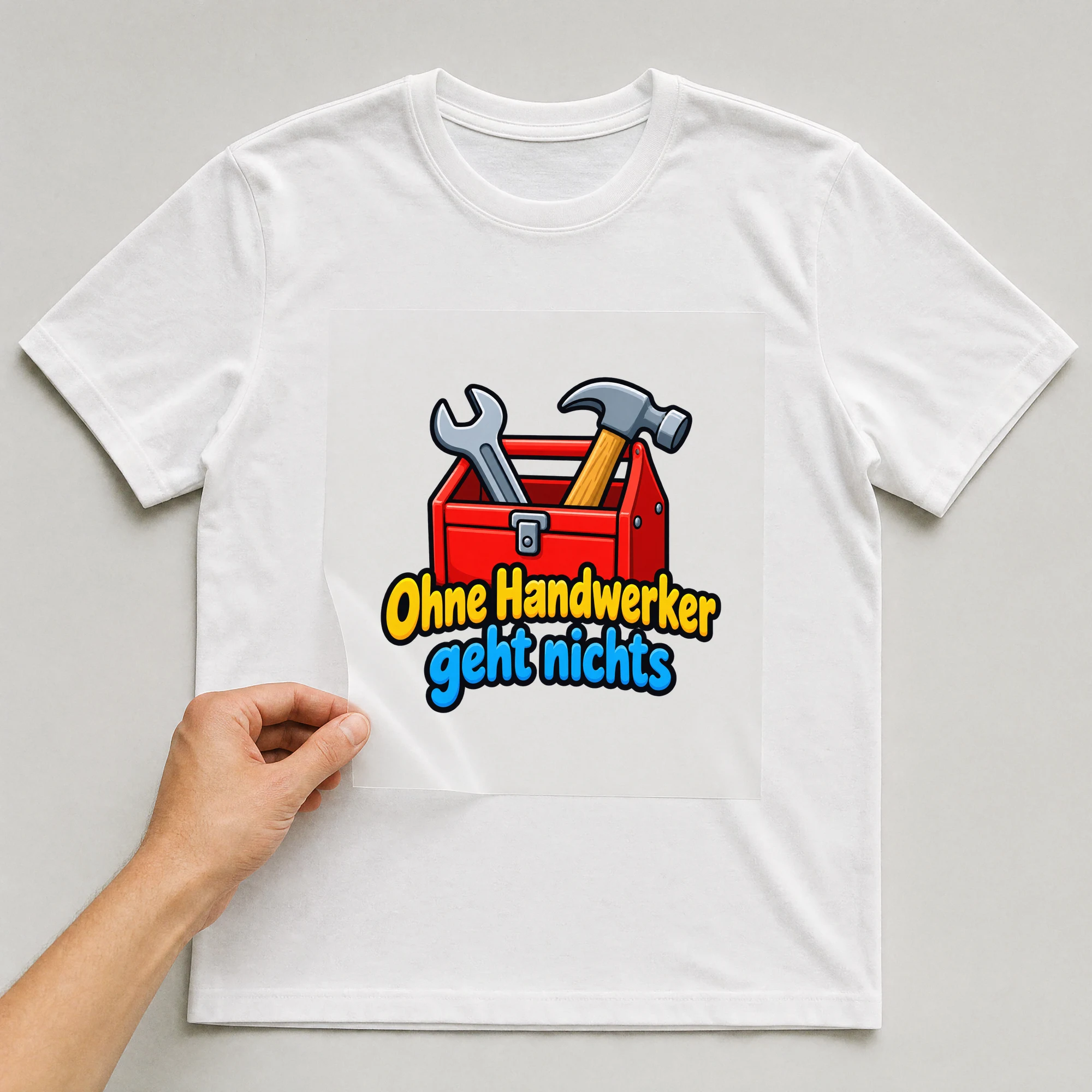 Bügelbild „Ohne Handwerker geht nichts“ auf weißem T-Shirt, Folie wird aufgelegt