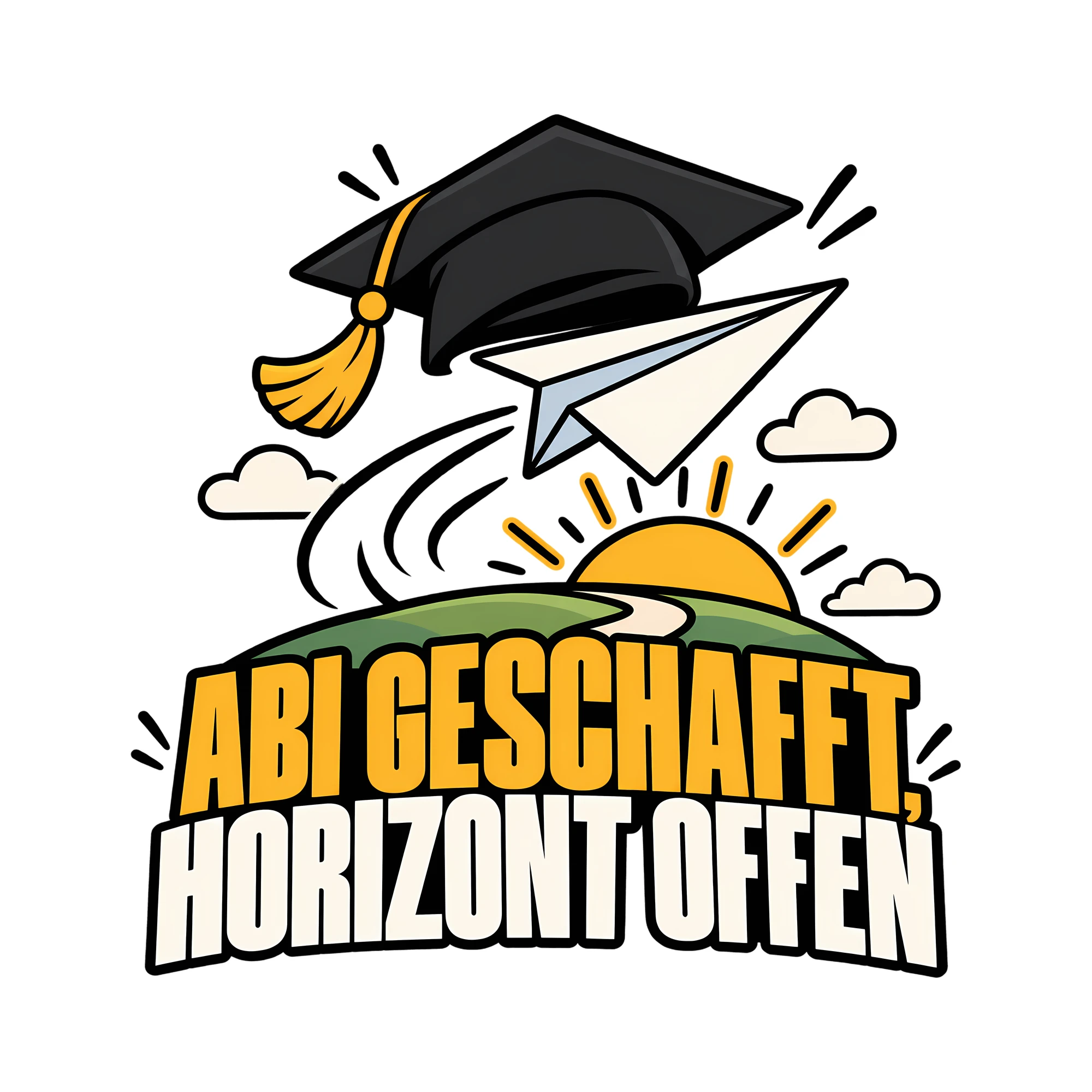 Bügelbild ABI GESCHAFFT, HORIZONT OFFEN als Grafik auf weißem Hintergrund (BB011449)