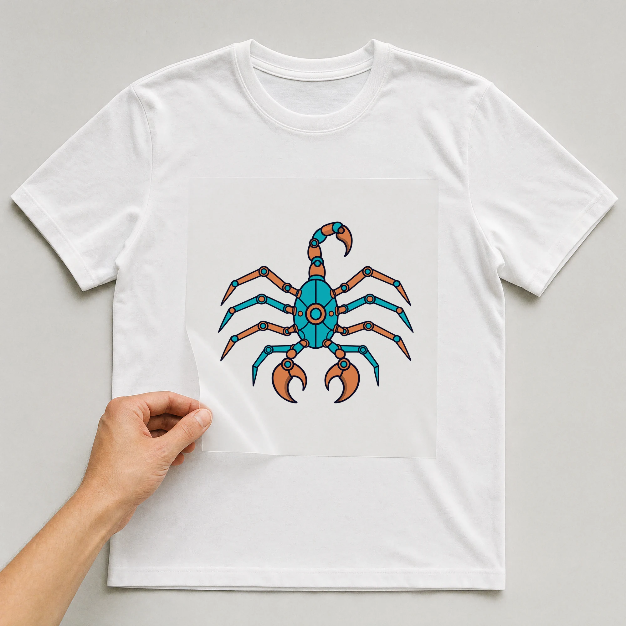 Bügelbild „Mecha Roboter Sternzeichen Skorpion“ auf weißem T-Shirt, Folie wird aufgelegt