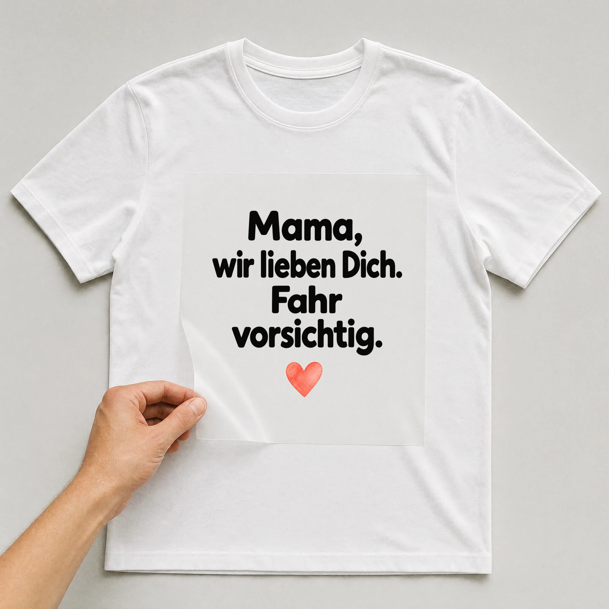 Bügelbild „Mama, wir lieben Dich. Fahr vorsichtig.“ auf weißem T-Shirt, Folie wird aufgelegt