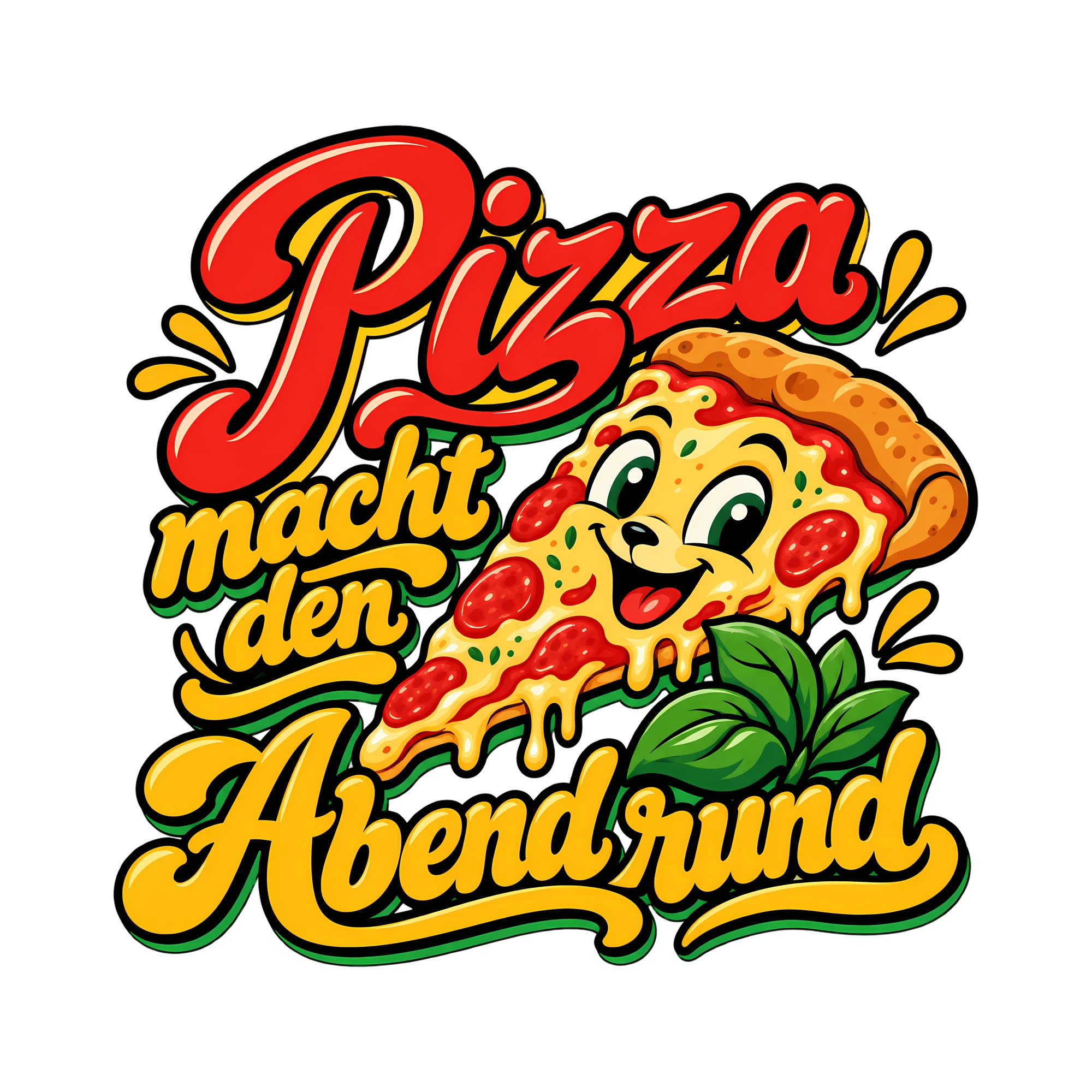 Bügelbild Pizza macht den Abend rund als Grafik auf weißem Hintergrund (BB012208)