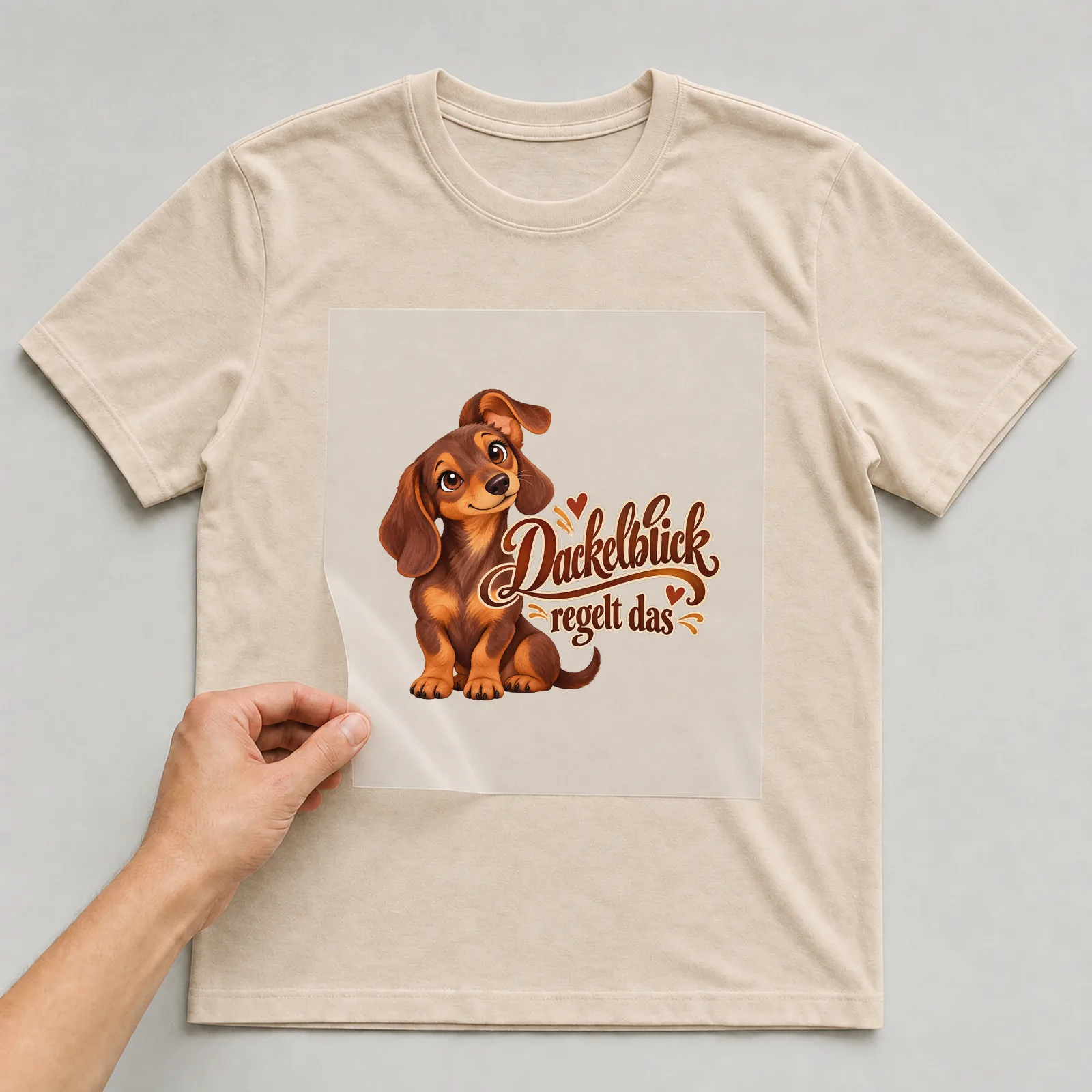 Bügelbild „Dackelblick regelt das“ auf beigem T-Shirt, Folie wird aufgelegt