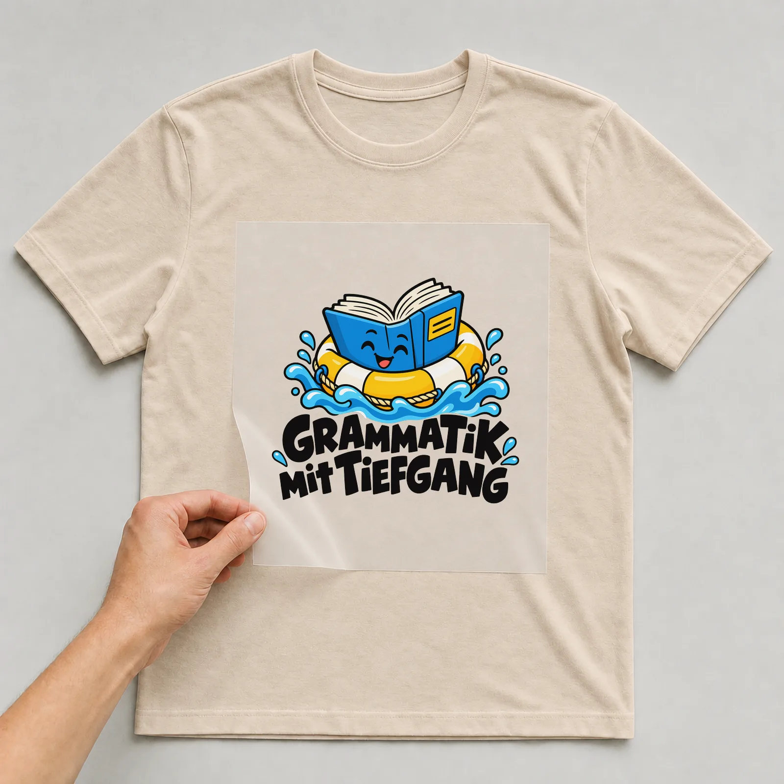 Bügelbild „Grammatik mit Tiefgang“ auf beigem T-Shirt, Folie wird aufgelegt