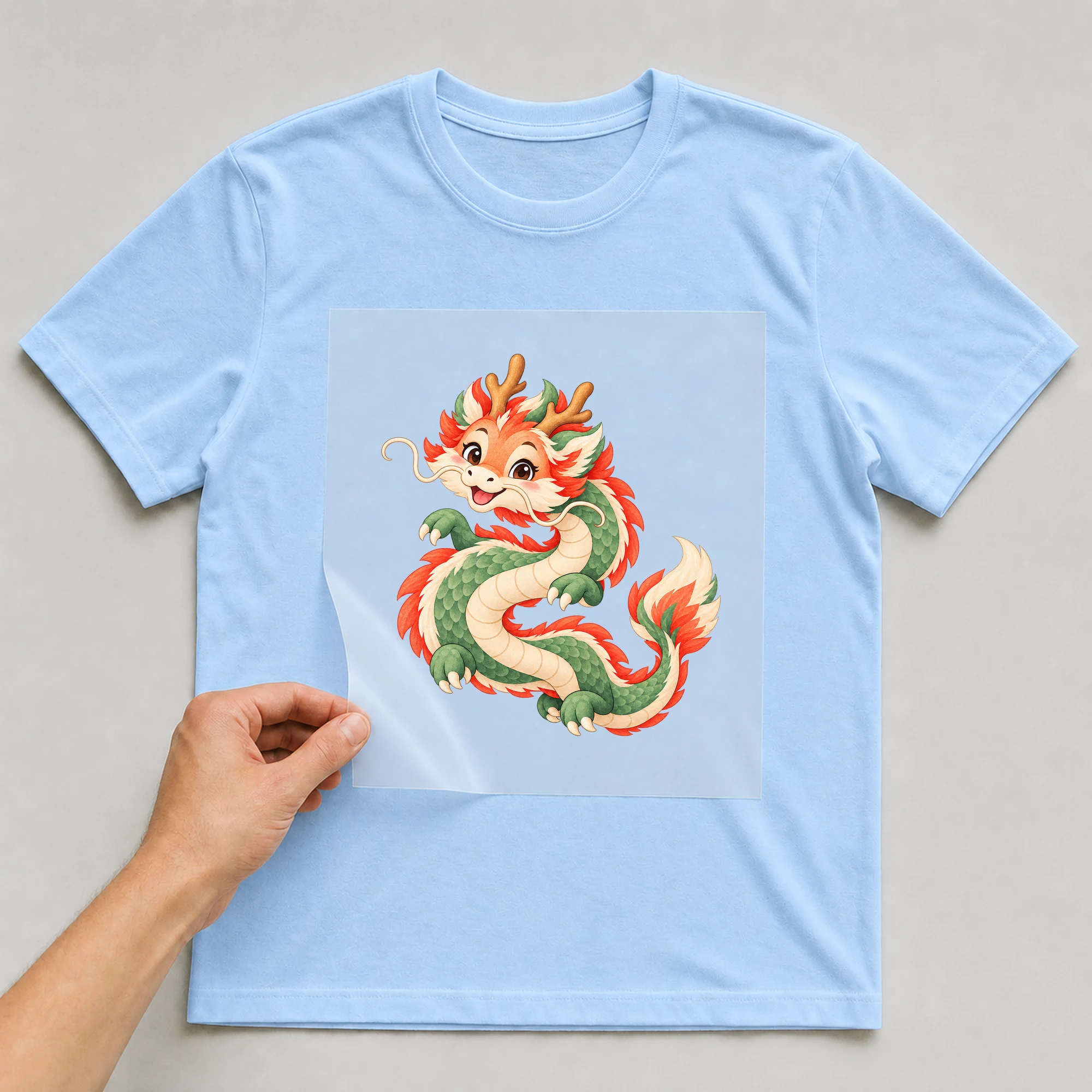 Bügelbild „Chinesisches Zeichen Jahr Des Drachen“ auf babyblauem T-Shirt, Folie wird aufgelegt