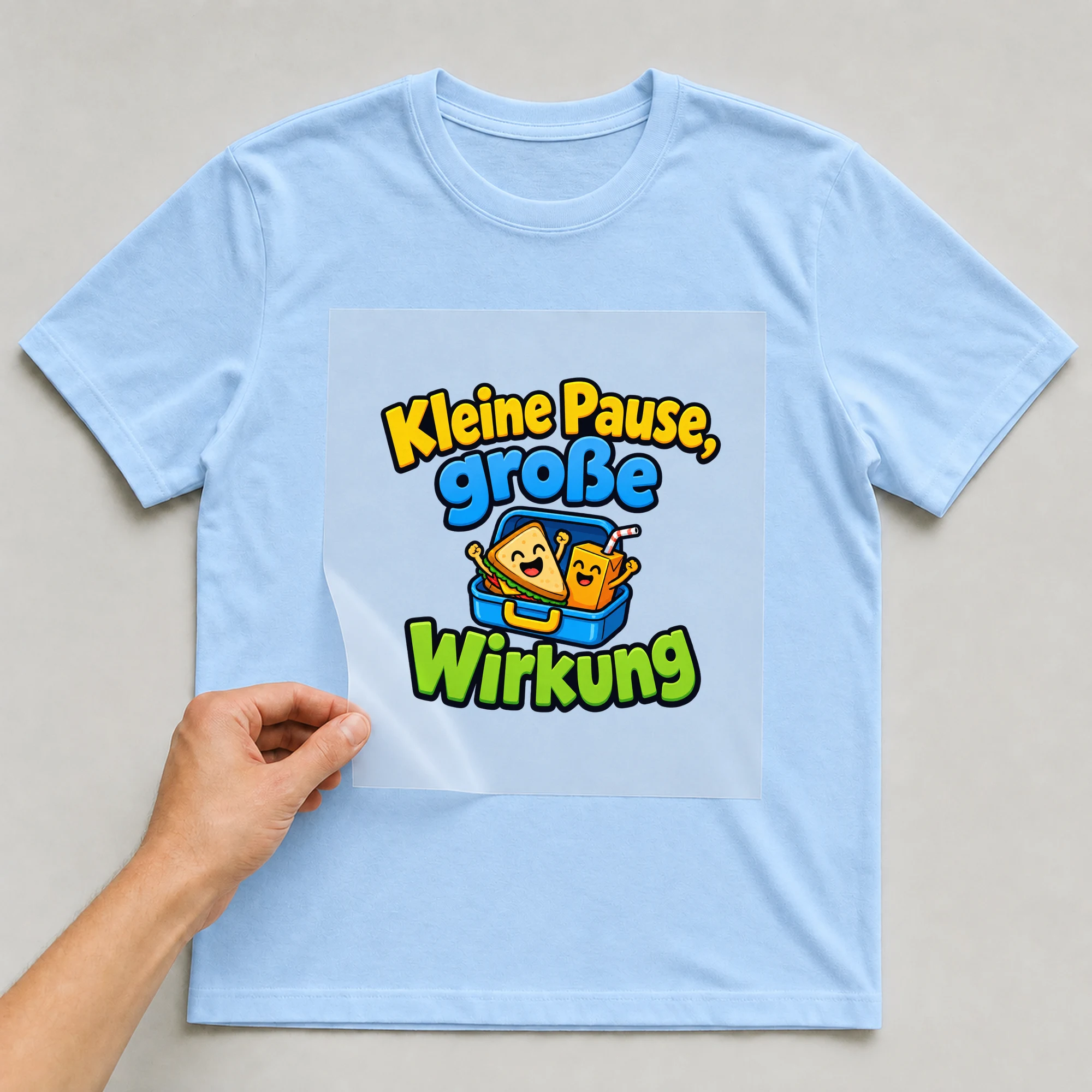 Bügelbild „Kleine Pause, große Wirkung“ auf babyblauem T-Shirt, Folie wird aufgelegt