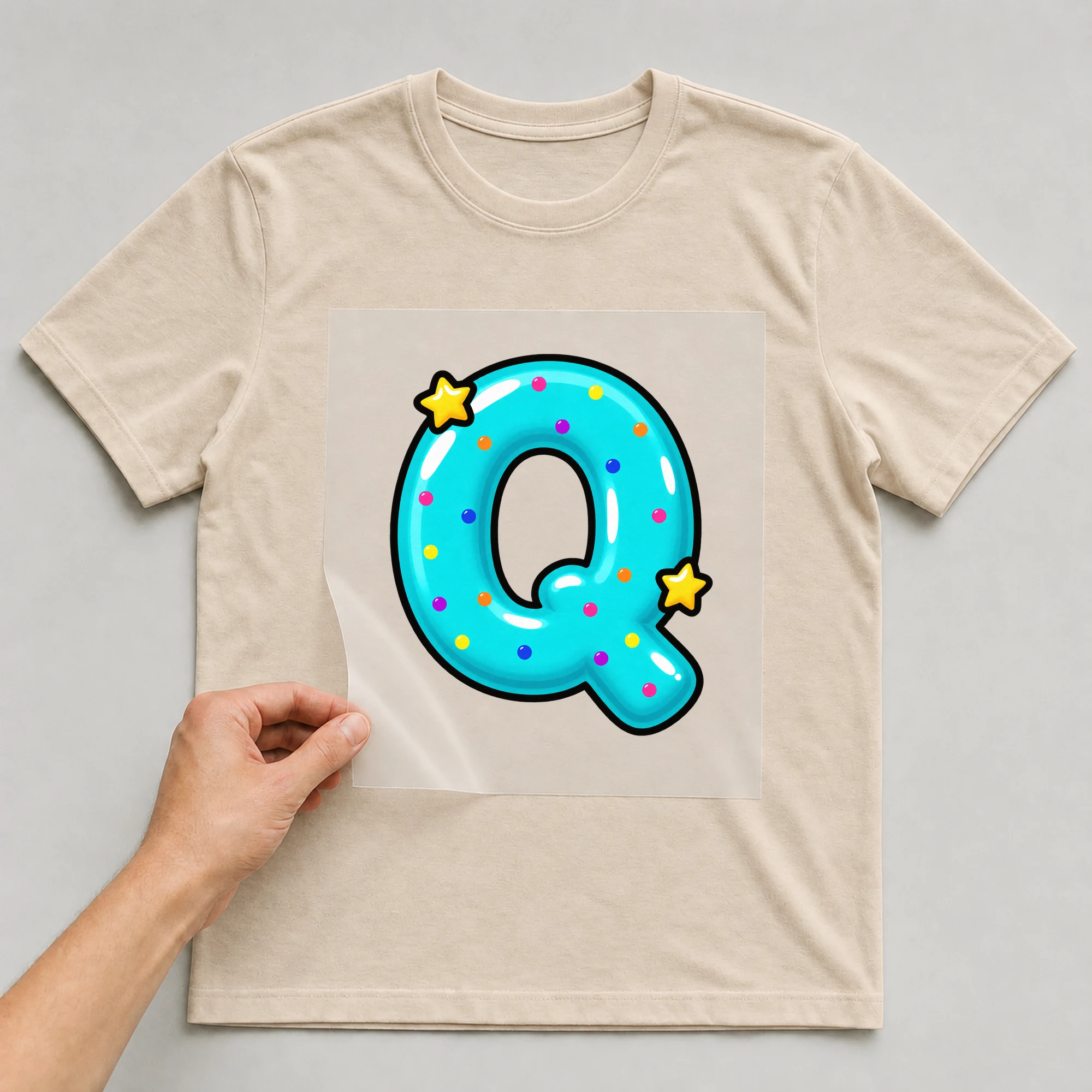 Bügelbild „Buchstabe Q im Comic-Ballon-Stil“ auf beigem T-Shirt, Folie wird aufgelegt
