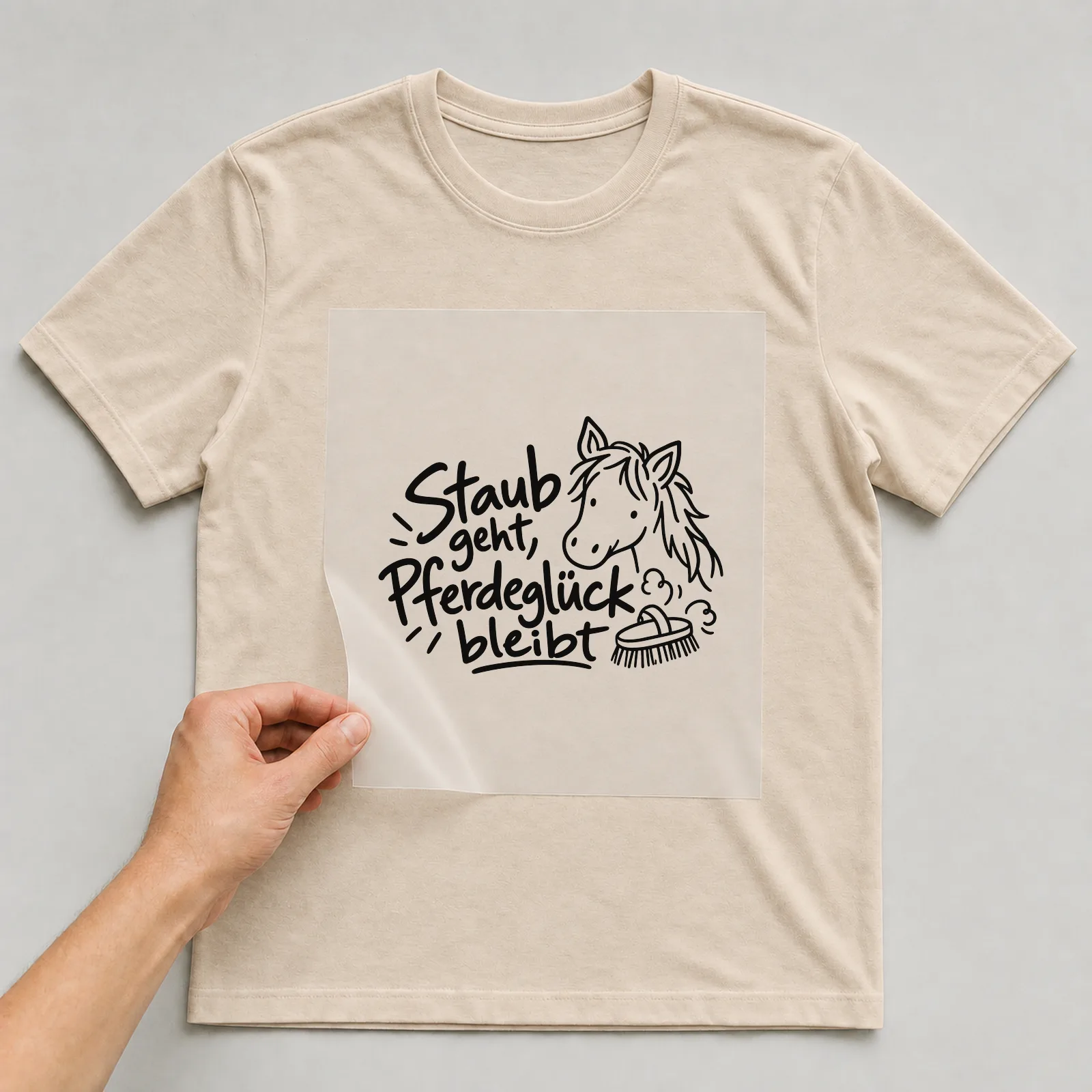 Bügelbild „Staub geht, Pferdeglück bleibt“ auf beigem T-Shirt, Folie wird aufgelegt