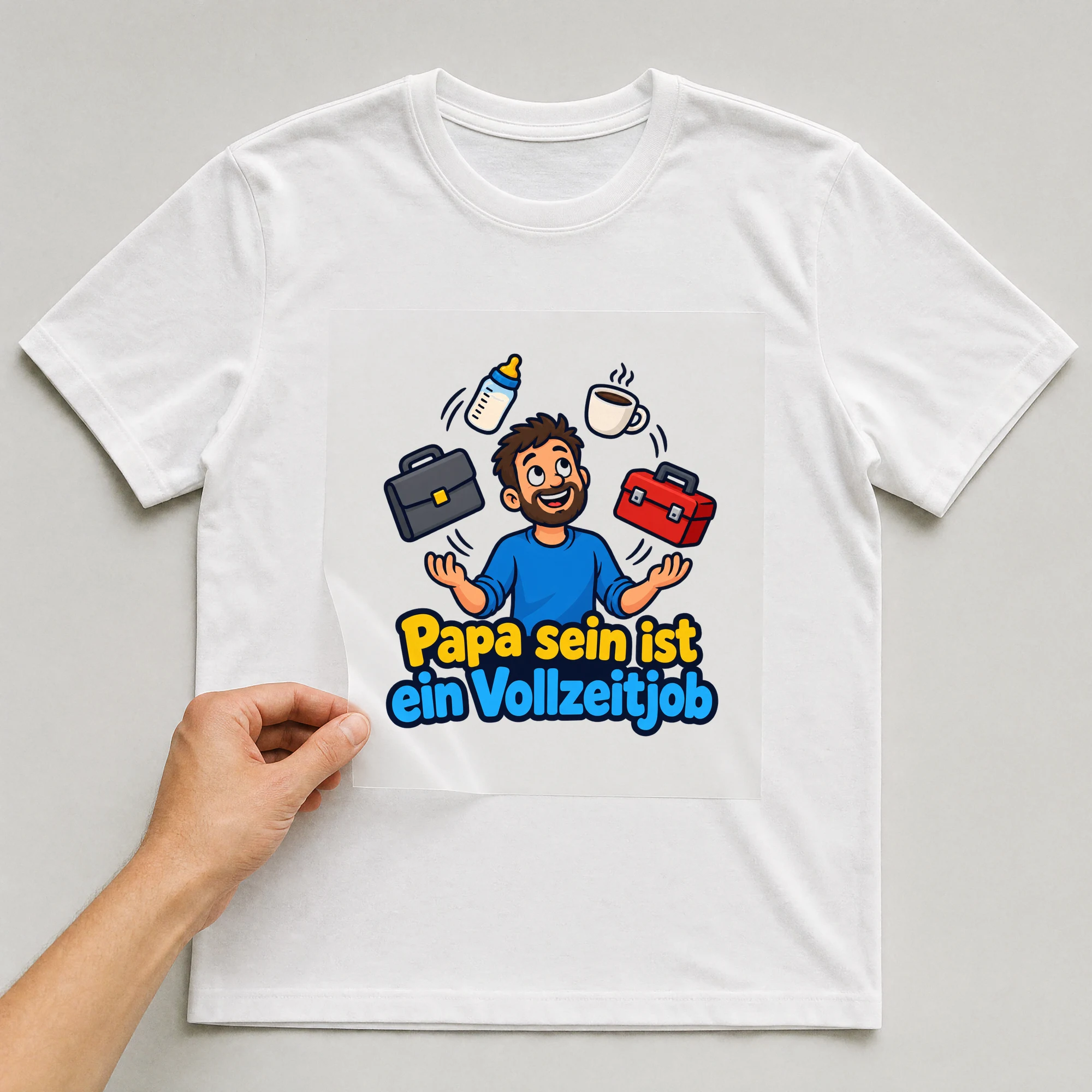 Bügelbild „Papa sein ist ein Vollzeitjob“ auf weißem T-Shirt, Folie wird aufgelegt