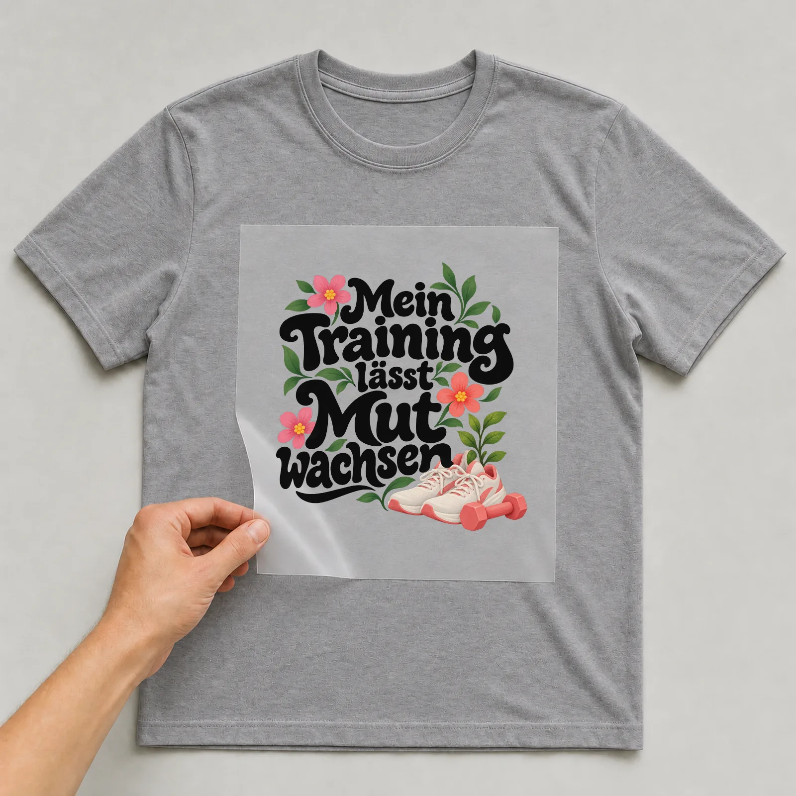 Bügelbild „Mein Training lässt Mut wachsen“ auf grauem T-Shirt, Folie wird aufgelegt