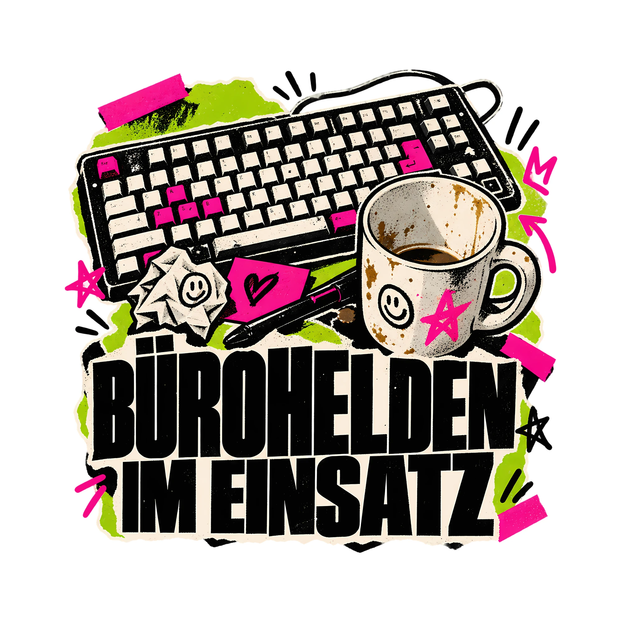 Bügelbild Bürohelden im Einsatz als Grafik auf weißem Hintergrund (BB011622)