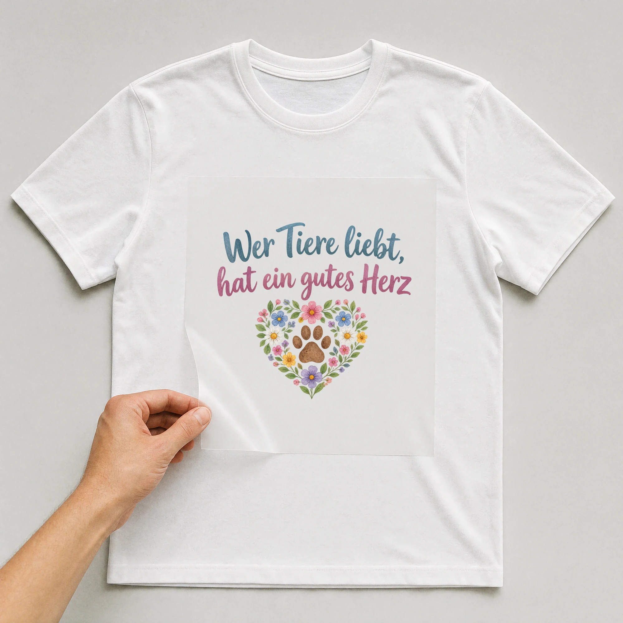 Bügelbild „Wer Tiere liebt, hat ein gutes Herz“ auf weißem T-Shirt, Folie wird aufgelegt
