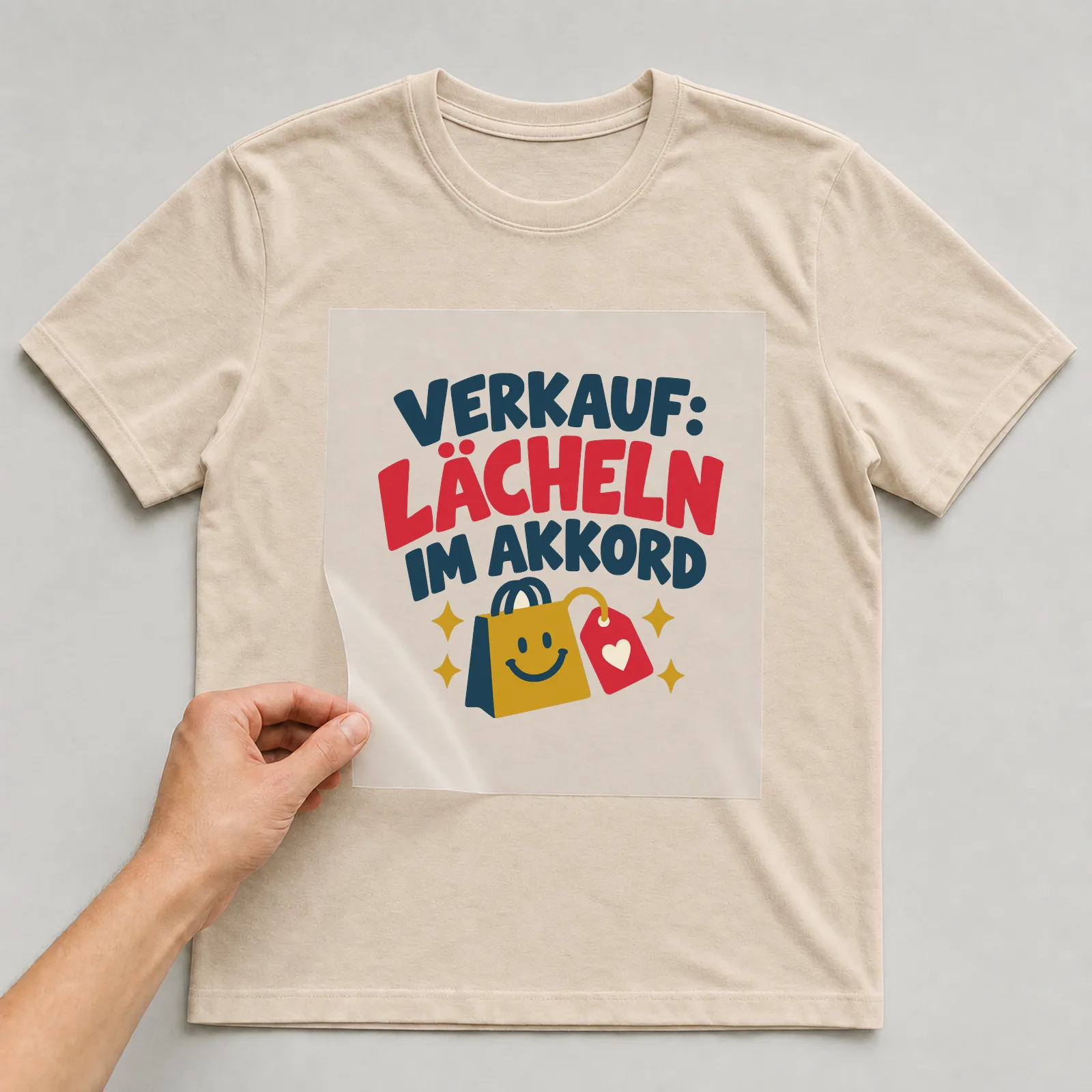 Bügelbild Verkauf: Lächeln im Akkord auf beigem T-Shirt, Folie wird aufgelegt