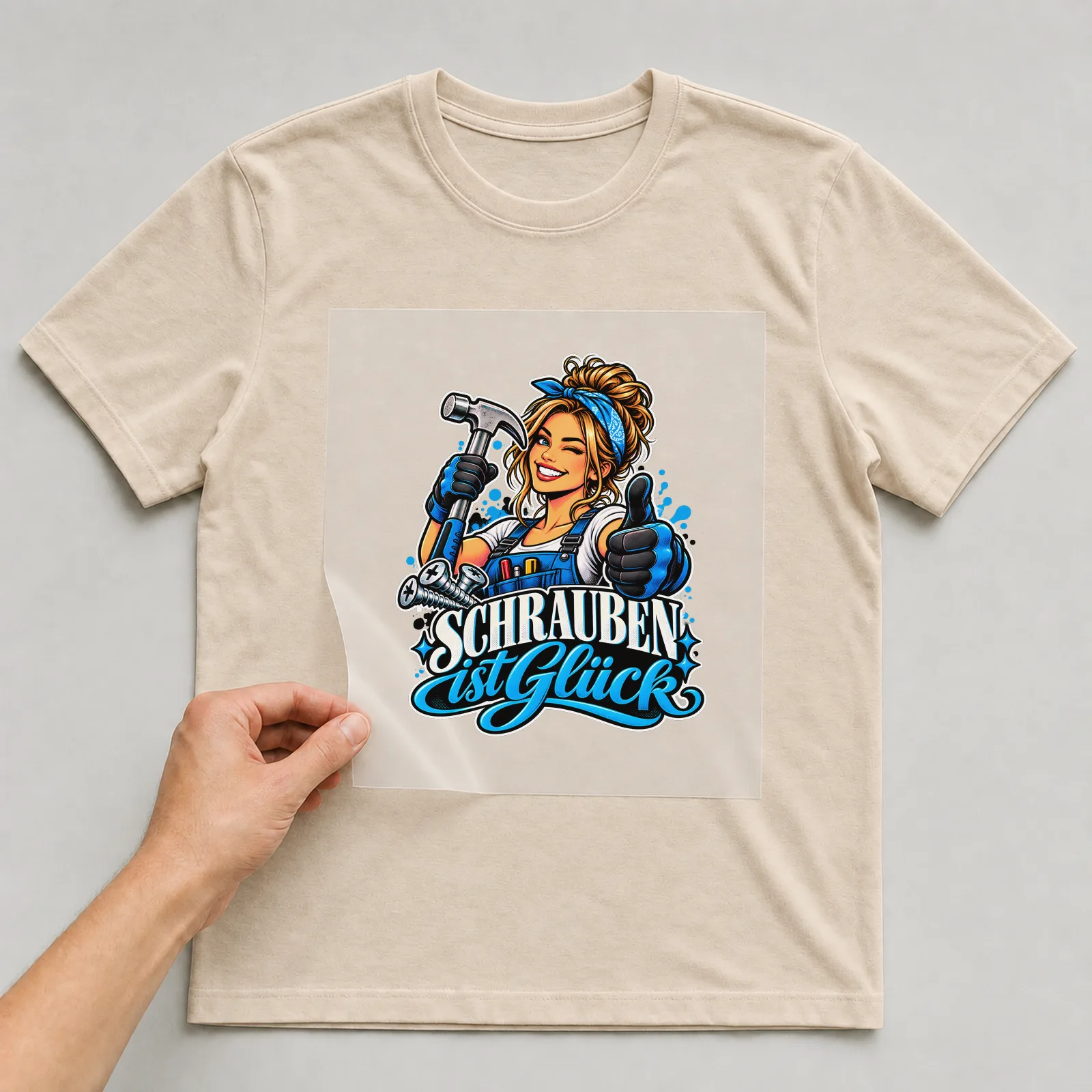 Bügelbild „Schrauben ist Glück“ auf beigem T-Shirt, Folie wird aufgelegt