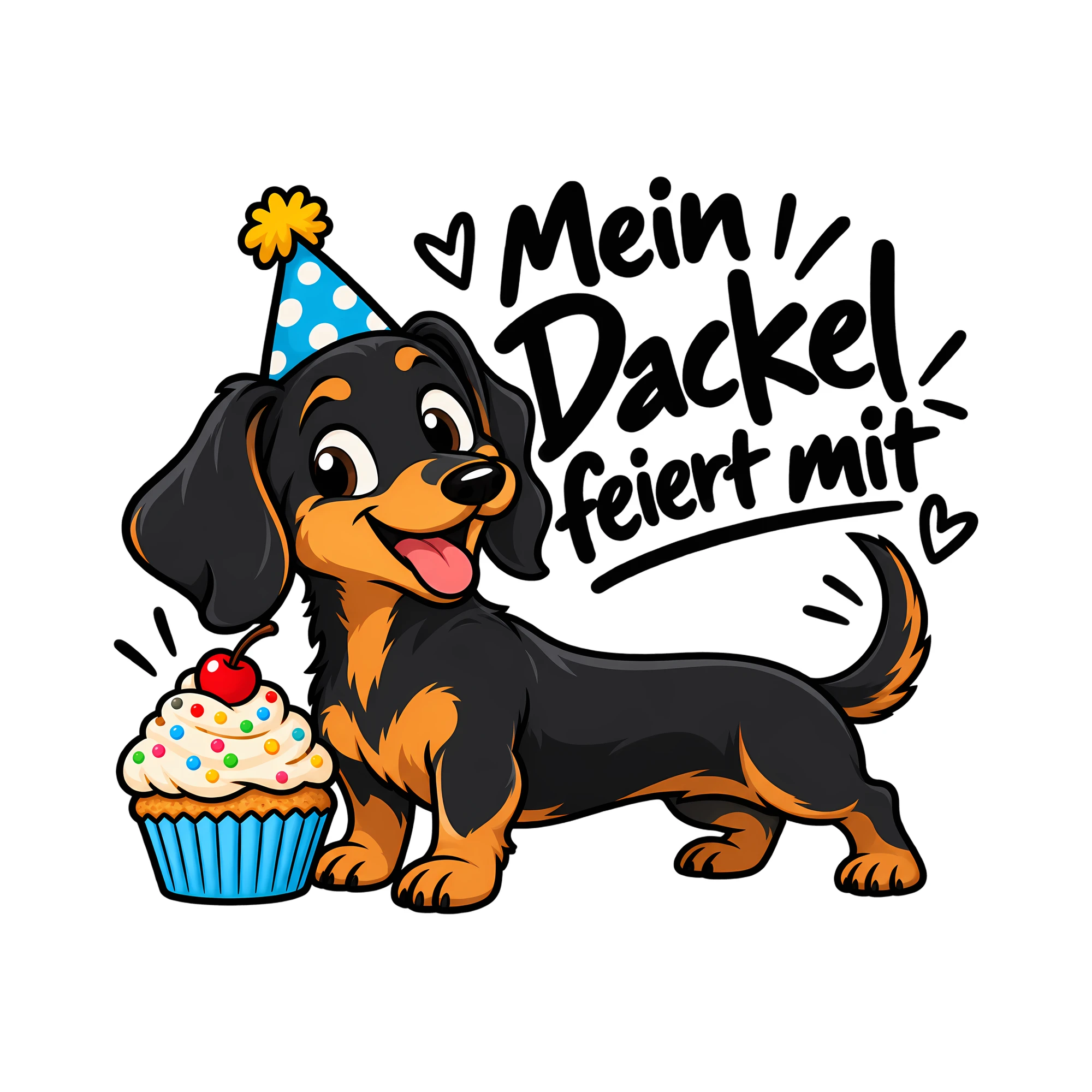 Bügelbild Mein Dackel feiert mit als Grafik auf weißem Hintergrund (BB012606)