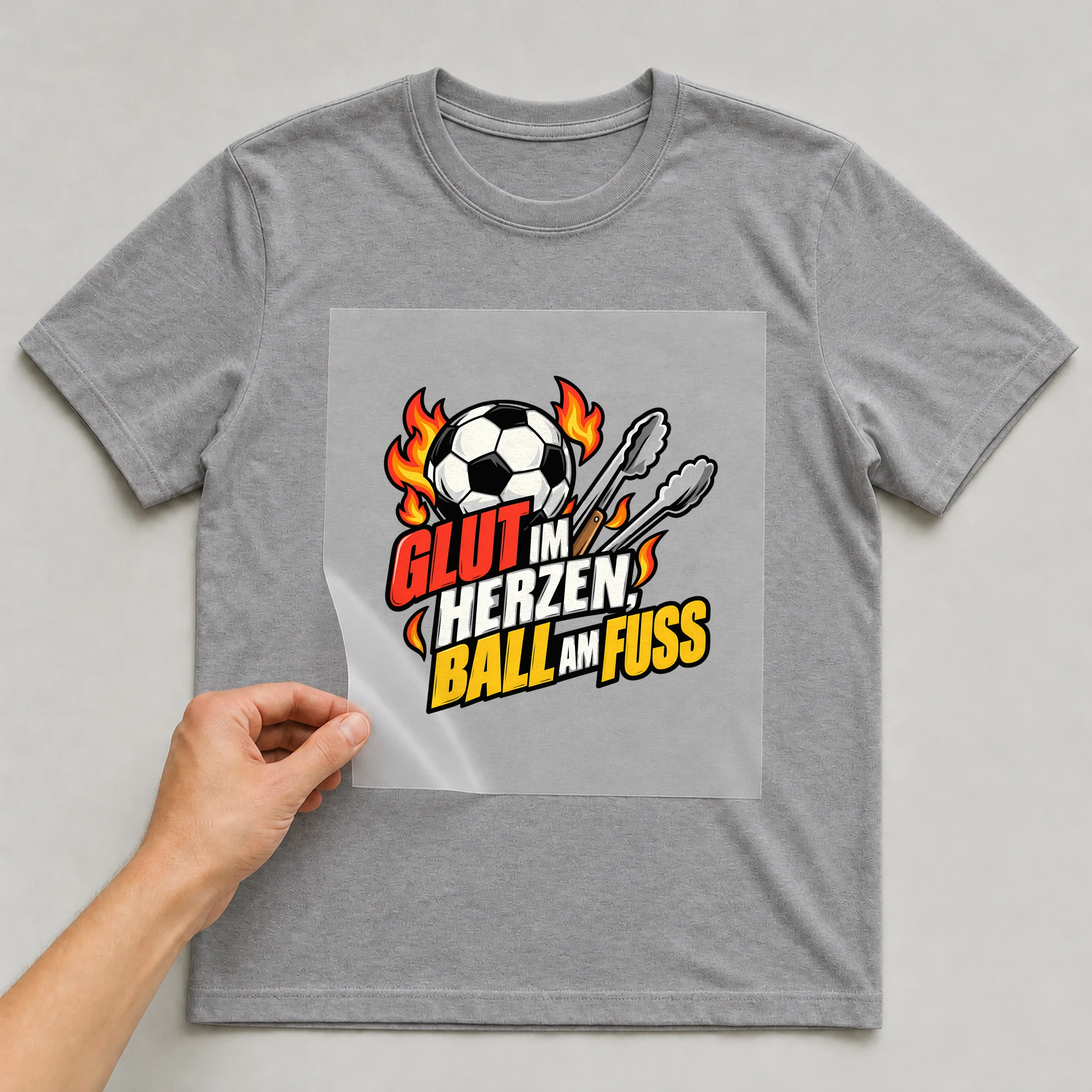 Bügelbild Glut im Herzen, Ball am Fuß auf grauem T-Shirt (BB012173)