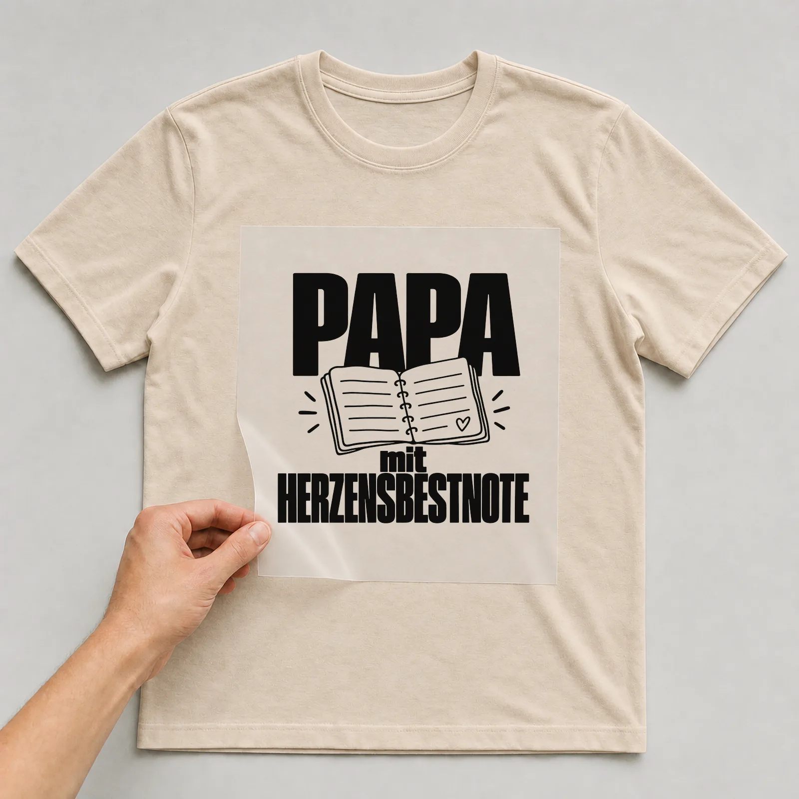 Bügelbild „Papa mit Herzensbestnote“ auf beigem T-Shirt, Folie wird aufgelegt
