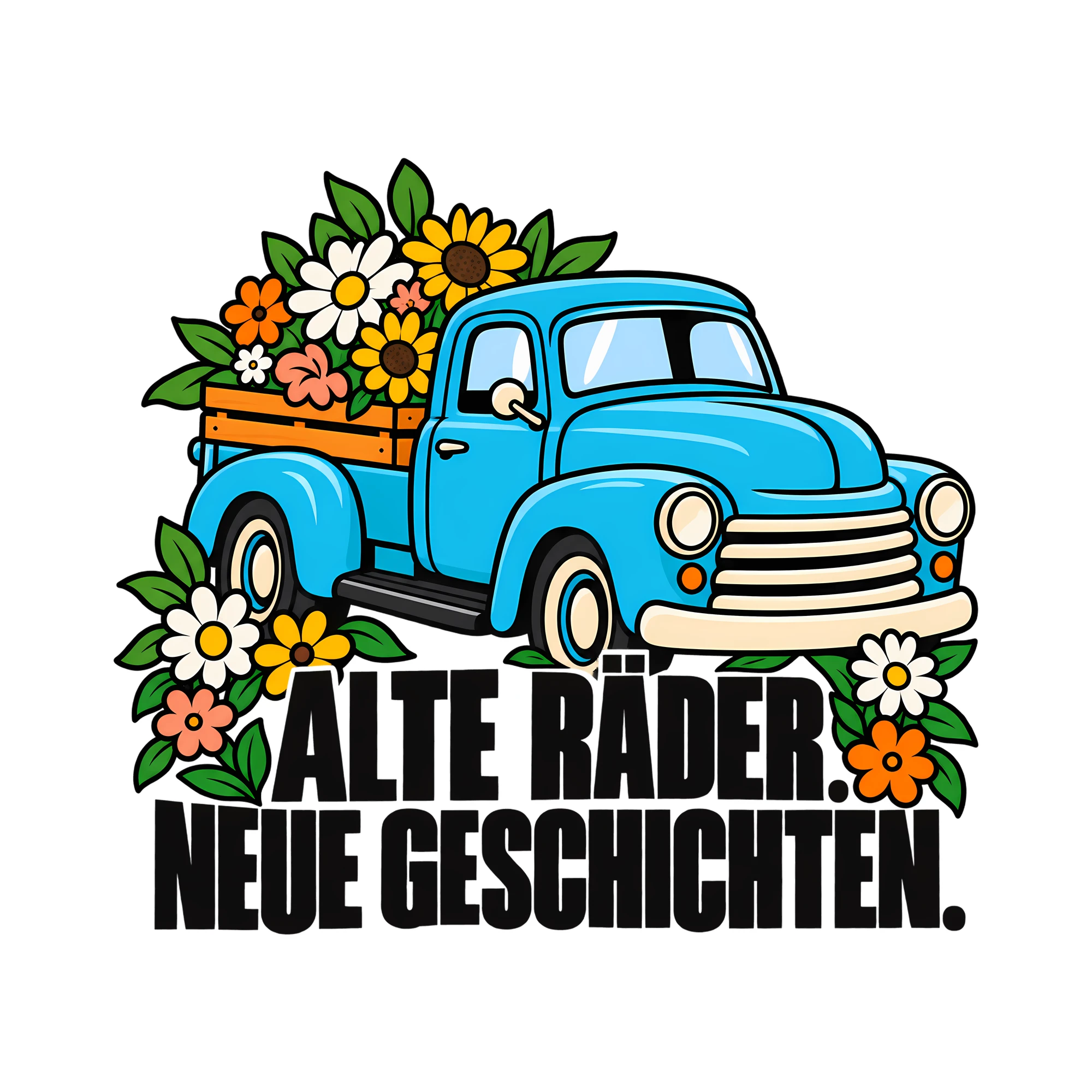 Bügelbild ALTE RÄDER NEUE GESCHICHTEN. als Grafik auf weißem Hintergrund (BB011657)