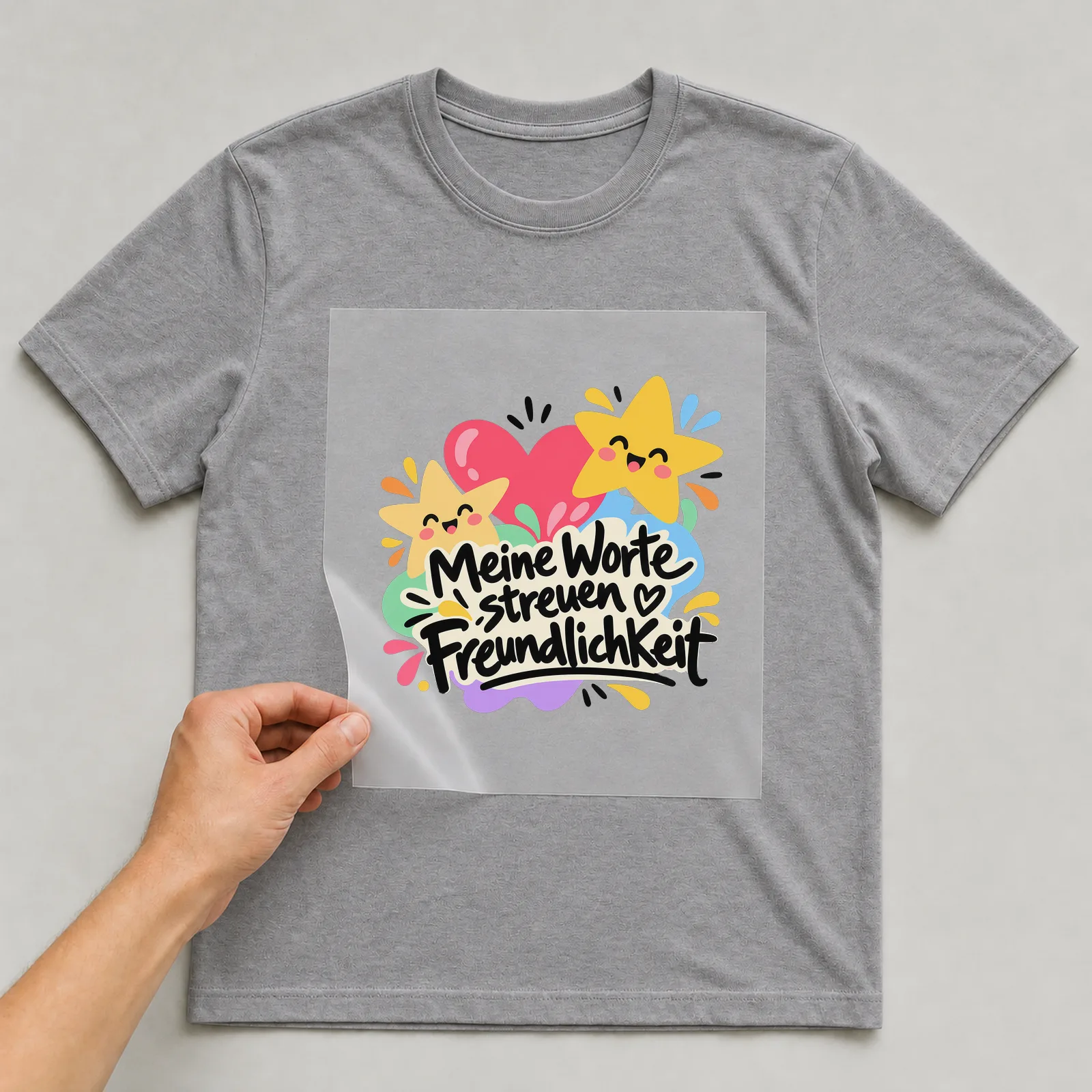 Bügelbild „Meine Worte streuen Freundlichkeit“ auf grauem T-Shirt, Folie wird aufgelegt
