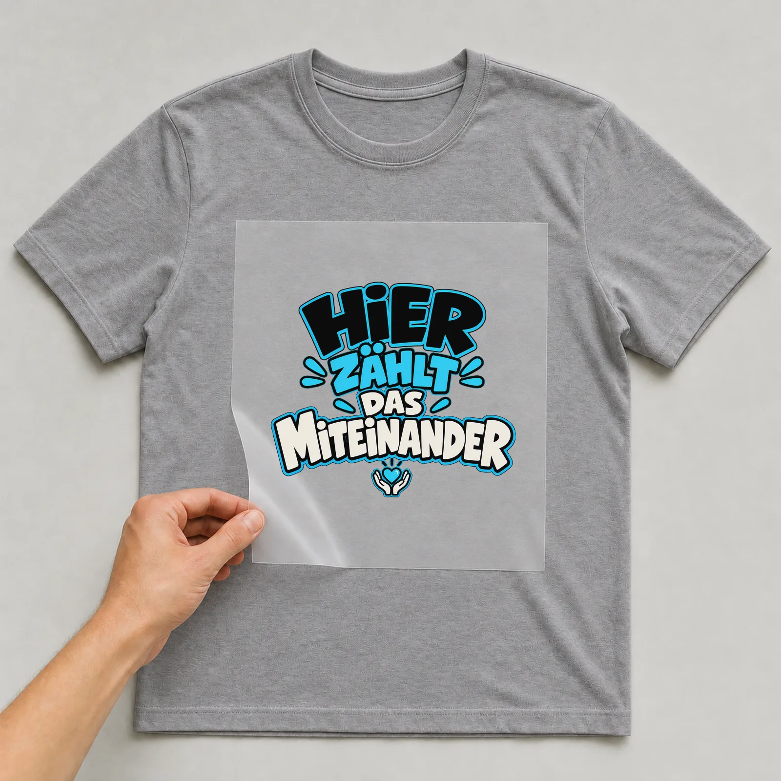 Bügelbild „Hier zählt das Miteinander“ auf grauem T-Shirt, Folie wird aufgelegt