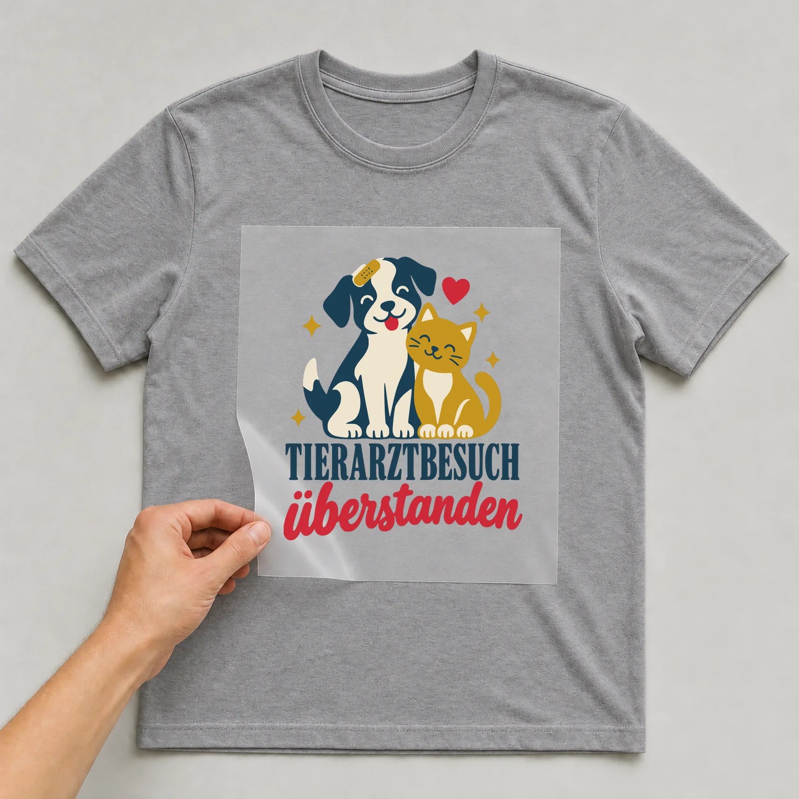 Bügelbild Tierarztbesuch überstanden auf grauem T-Shirt, Folie wird aufgelegt